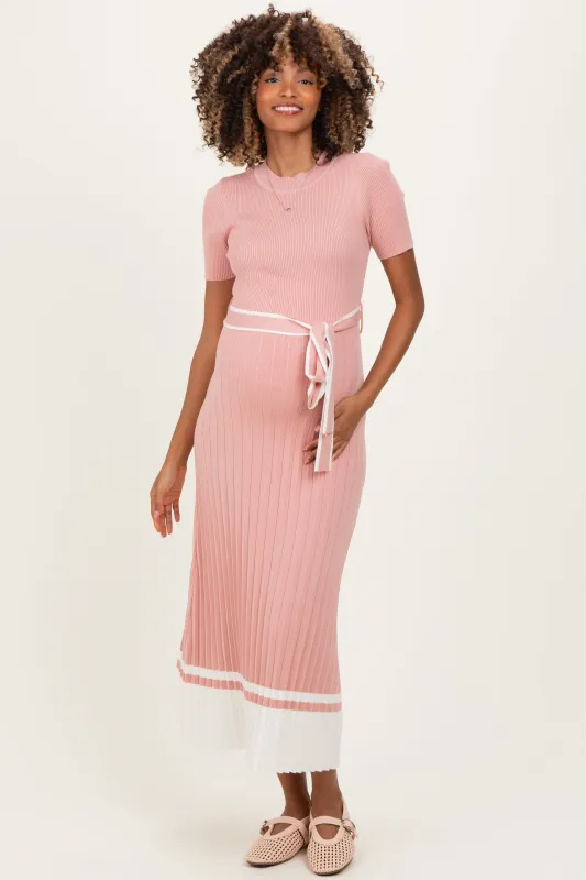 Mauve Knit Pleated Sash Tie Maternity Midi Dress sold by Pinkblush