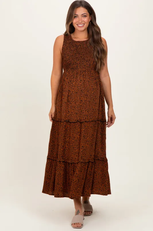 Brown Animal Print Sleeveless Smocked Tiered Maternity Maxi Dress sold by Pinkblush