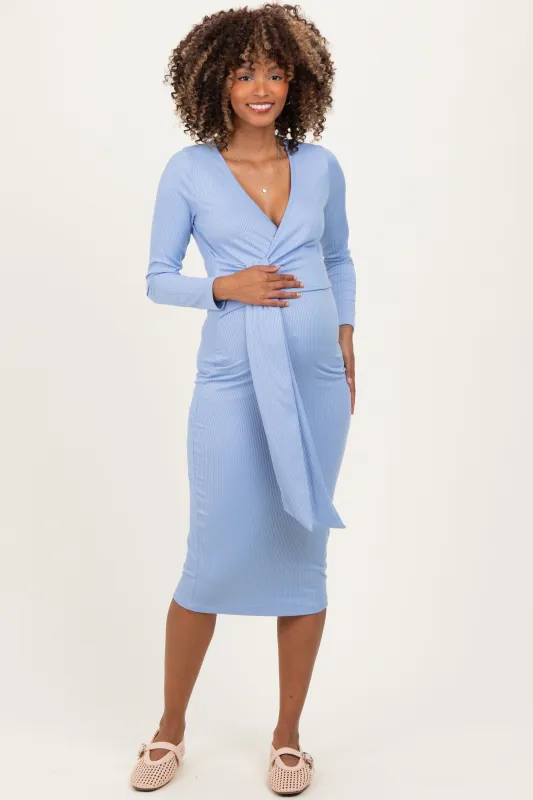 Blue Ribbed Long Sleeve Maternity Wrap Dress sold by Pinkblush