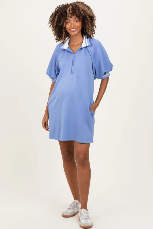 Dusty Blue Half Zip Puff Sleeve Maternity Mini Dress sold by Pinkblush