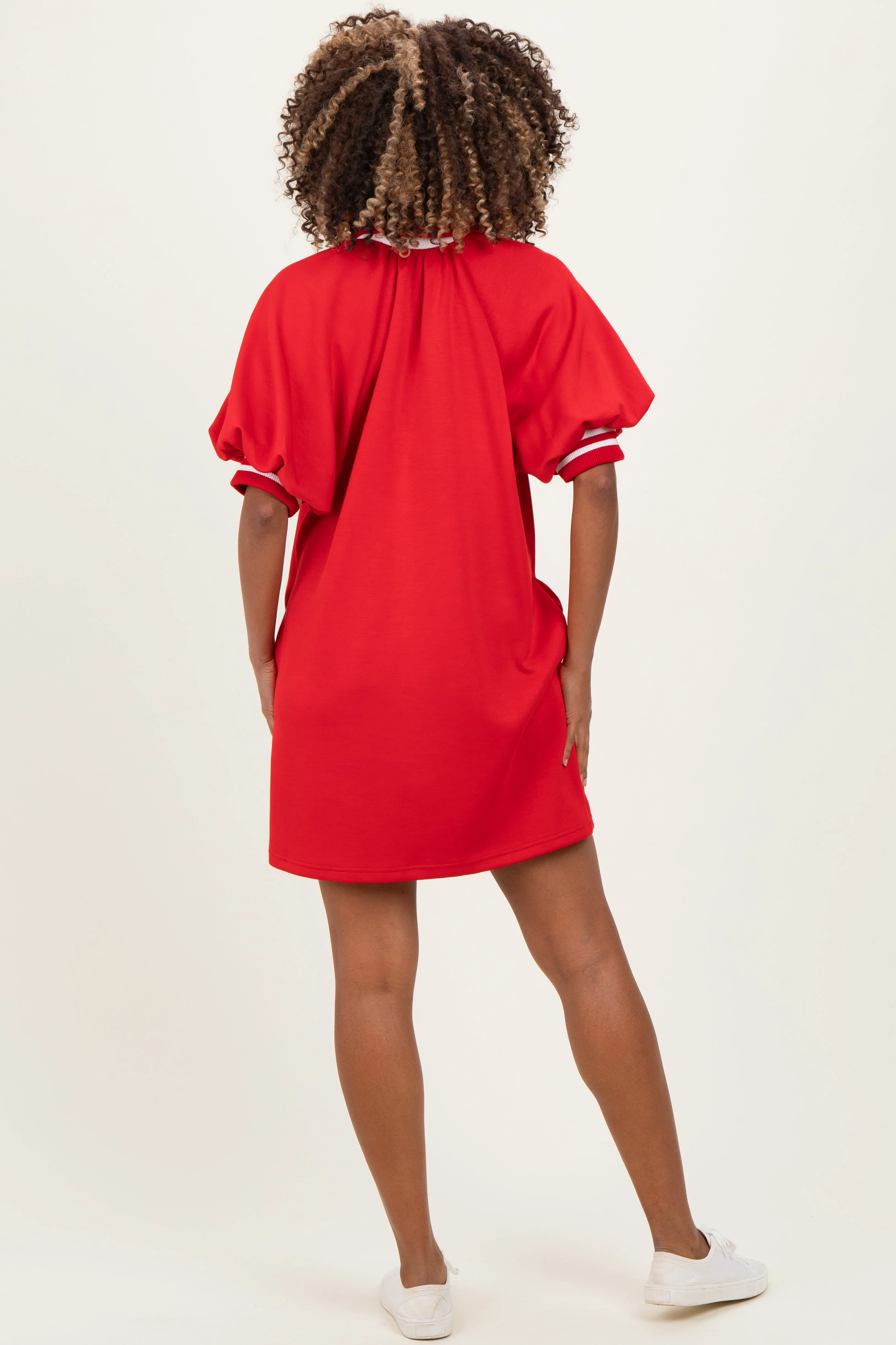 Red Half Zip Puff Sleeve Maternity Mini Dress sold by Pinkblush product image thumbnail 4