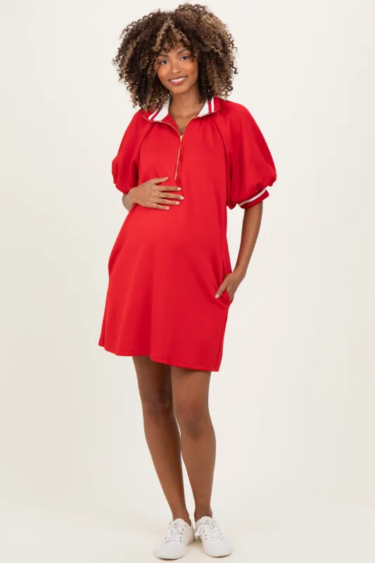 Red Half Zip Puff Sleeve Maternity Mini Dress sold by Pinkblush