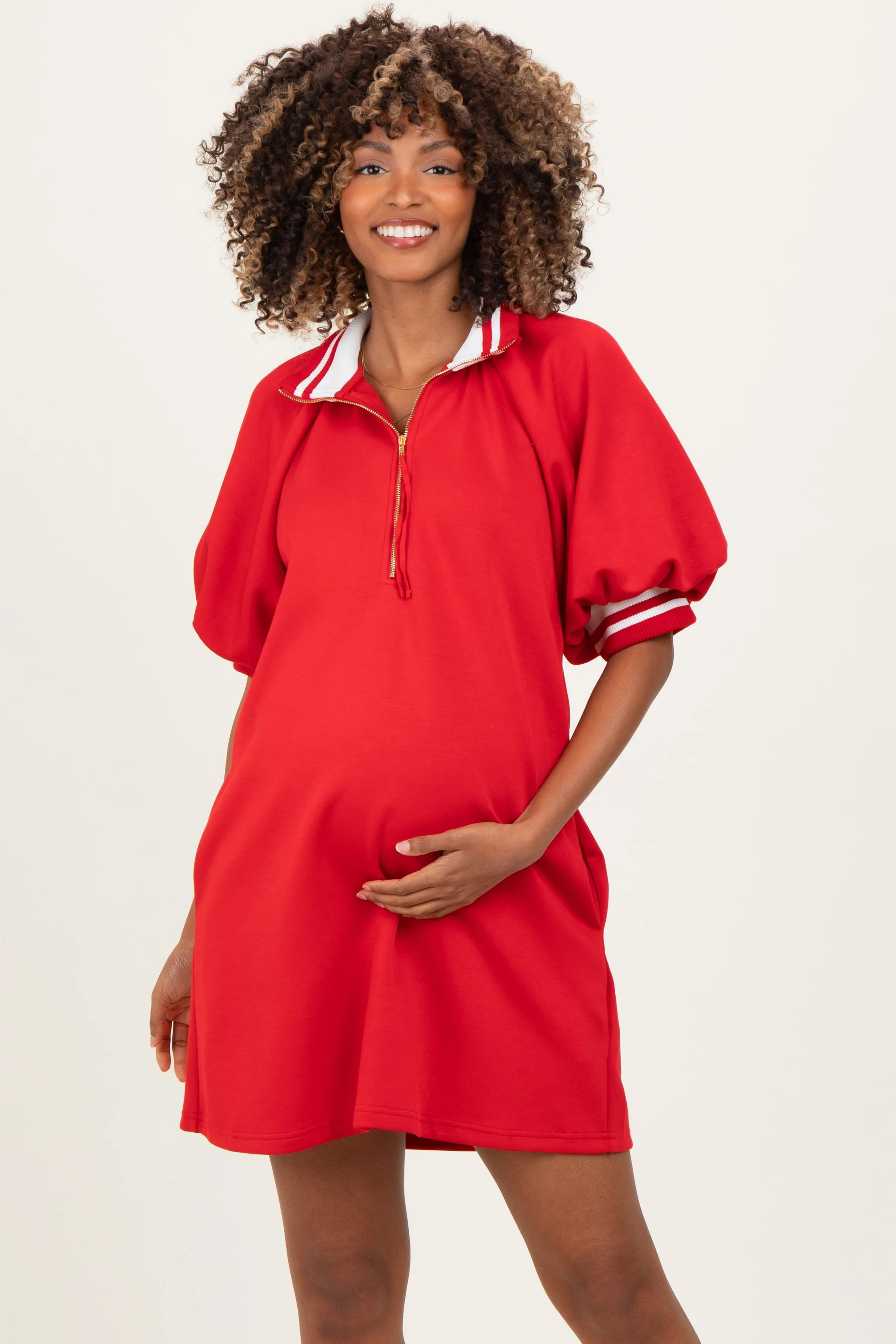 Red Half Zip Puff Sleeve Maternity Mini Dress sold by Pinkblush product image thumbnail 2