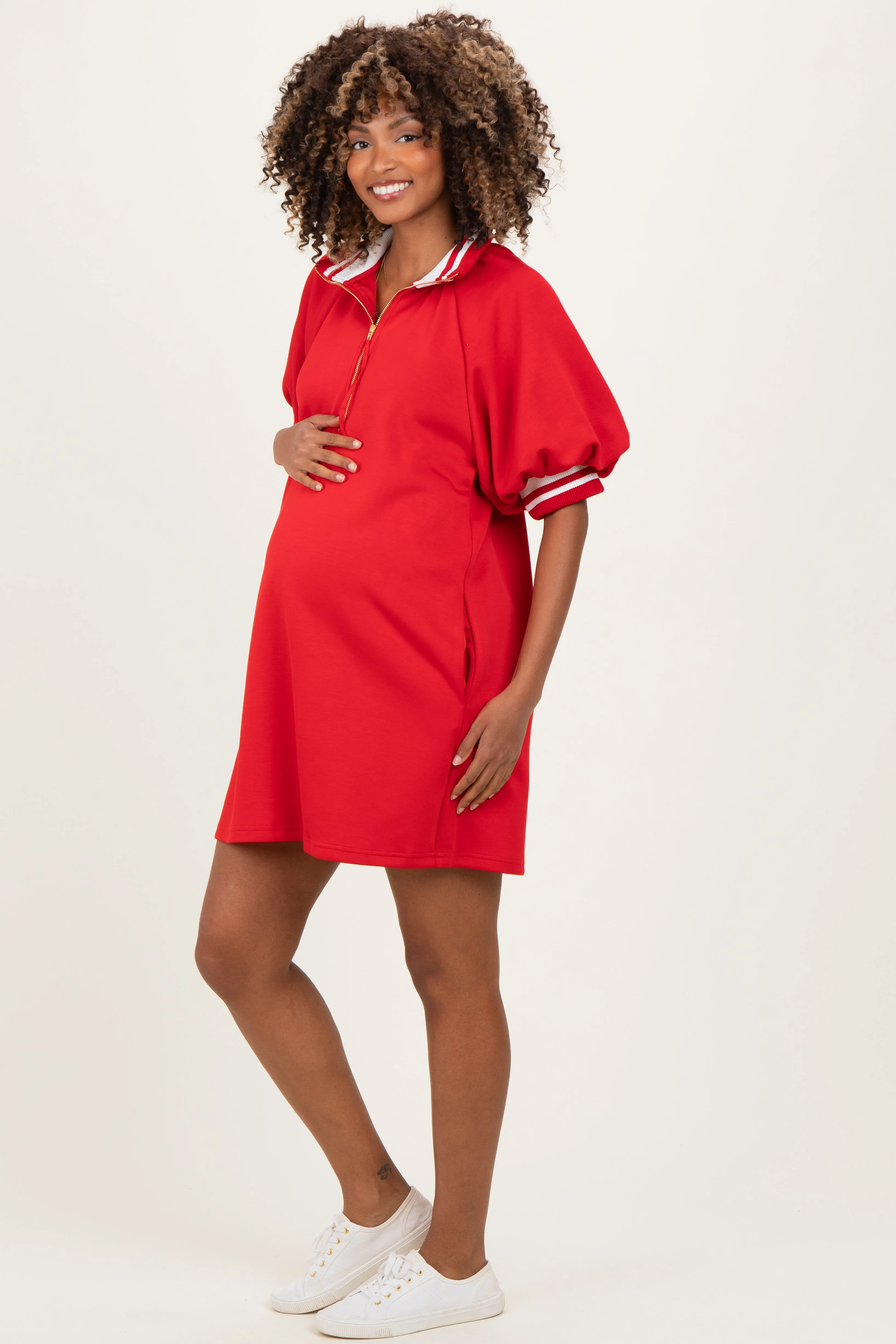 Red Half Zip Puff Sleeve Maternity Mini Dress sold by Pinkblush product image thumbnail 3