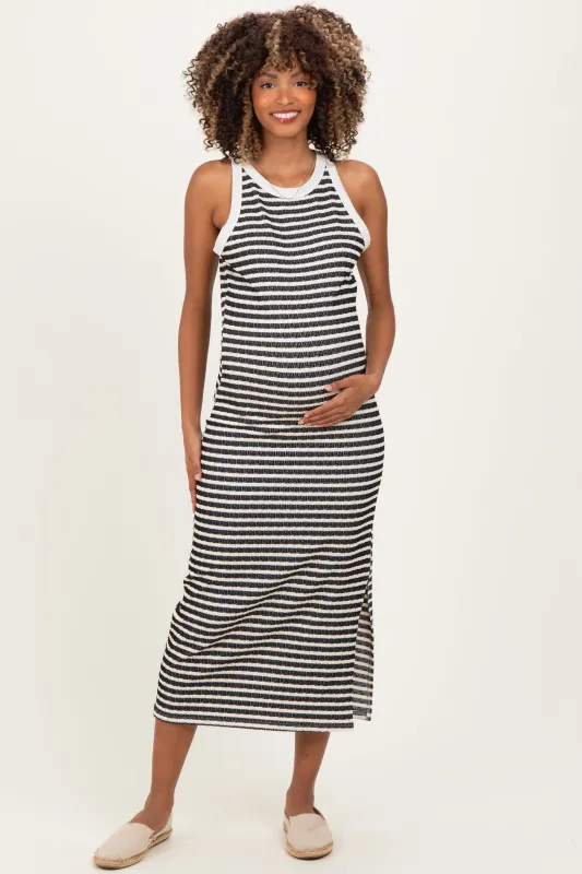 Black Striped Knit Side Slit Maternity Tank Dress sold by Pinkblush