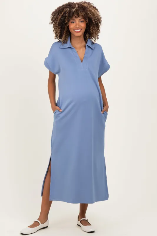 Dusty Blue Collared Short Sleeve Maternity Midi Dress sold by Pinkblush