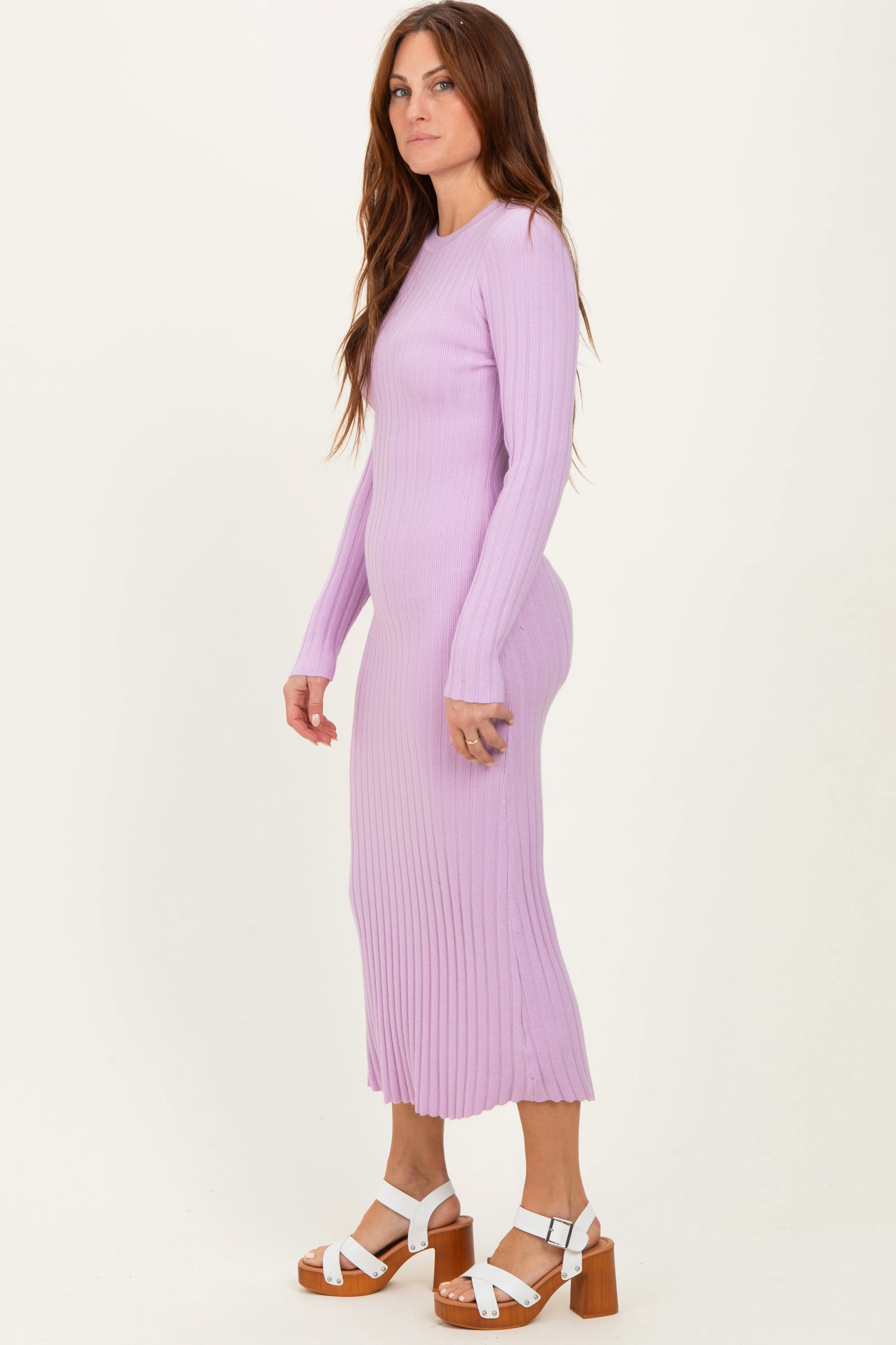 Lilac Ribbed Knit Fitted Midi Sweater Dress sold by Pinkblush product image thumbnail 3