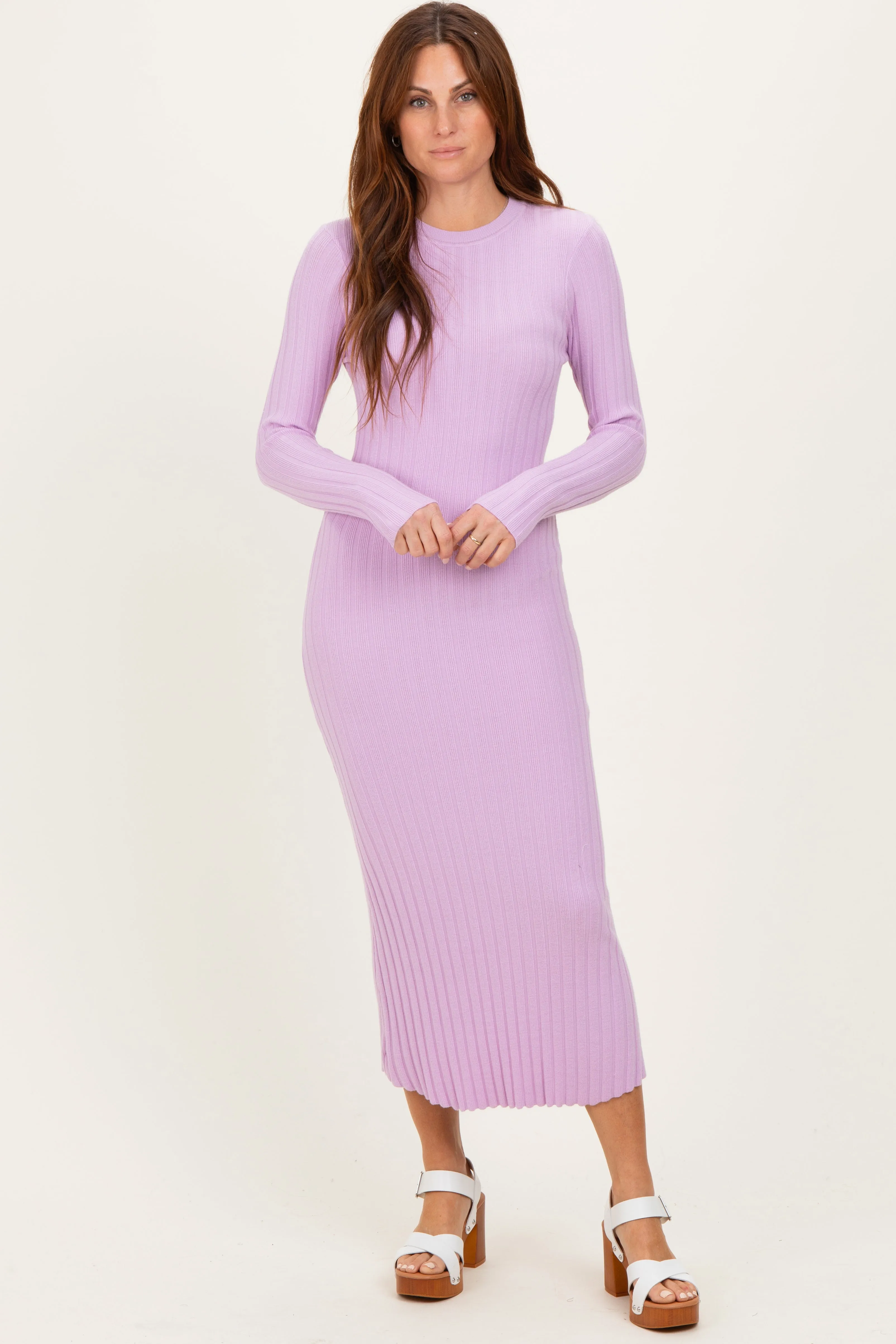 Lilac Ribbed Knit Fitted Midi Sweater Dress sold by Pinkblush