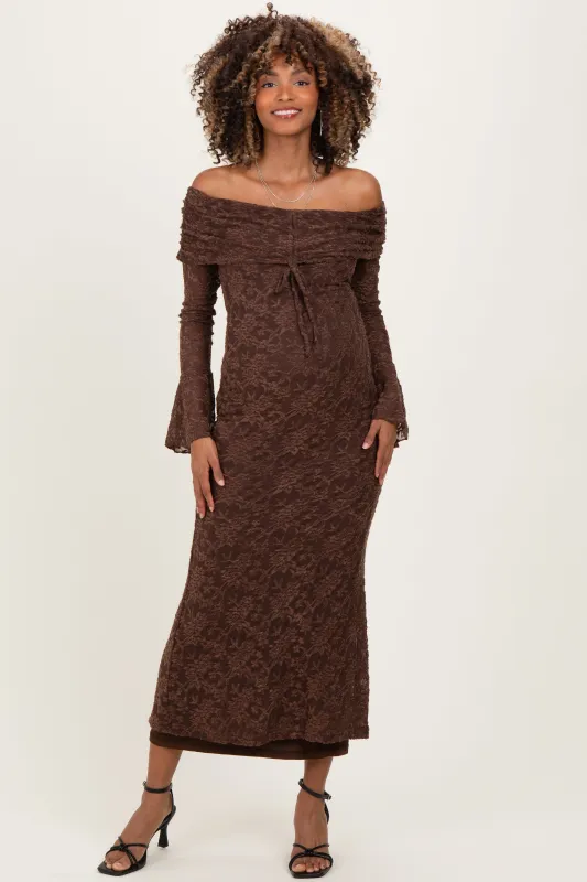 Chocolate Lace Off Shoulder Maternity Maxi Dress sold by Pinkblush
