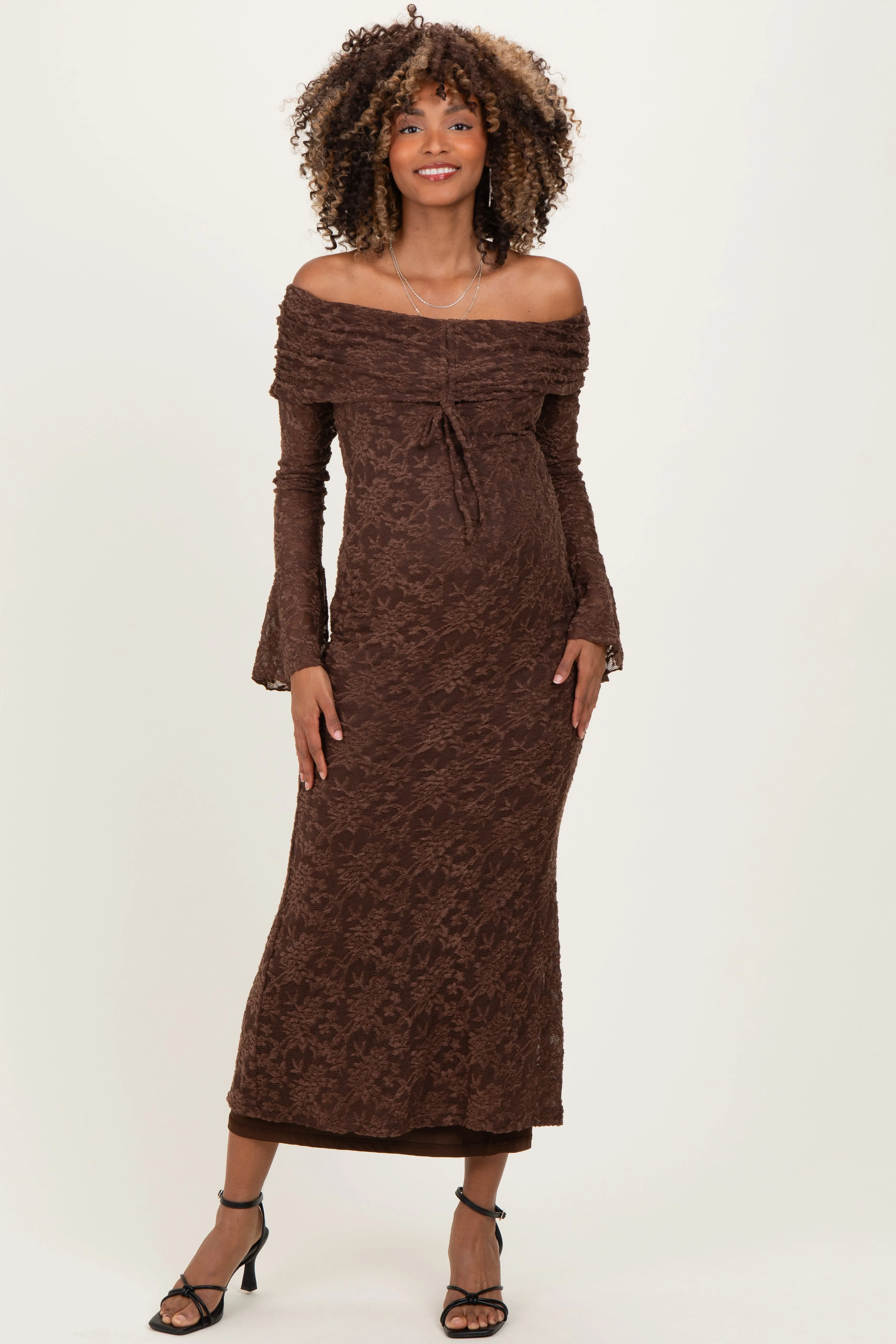 Chocolate Lace Off Shoulder Maternity Maxi Dress sold by Pinkblush