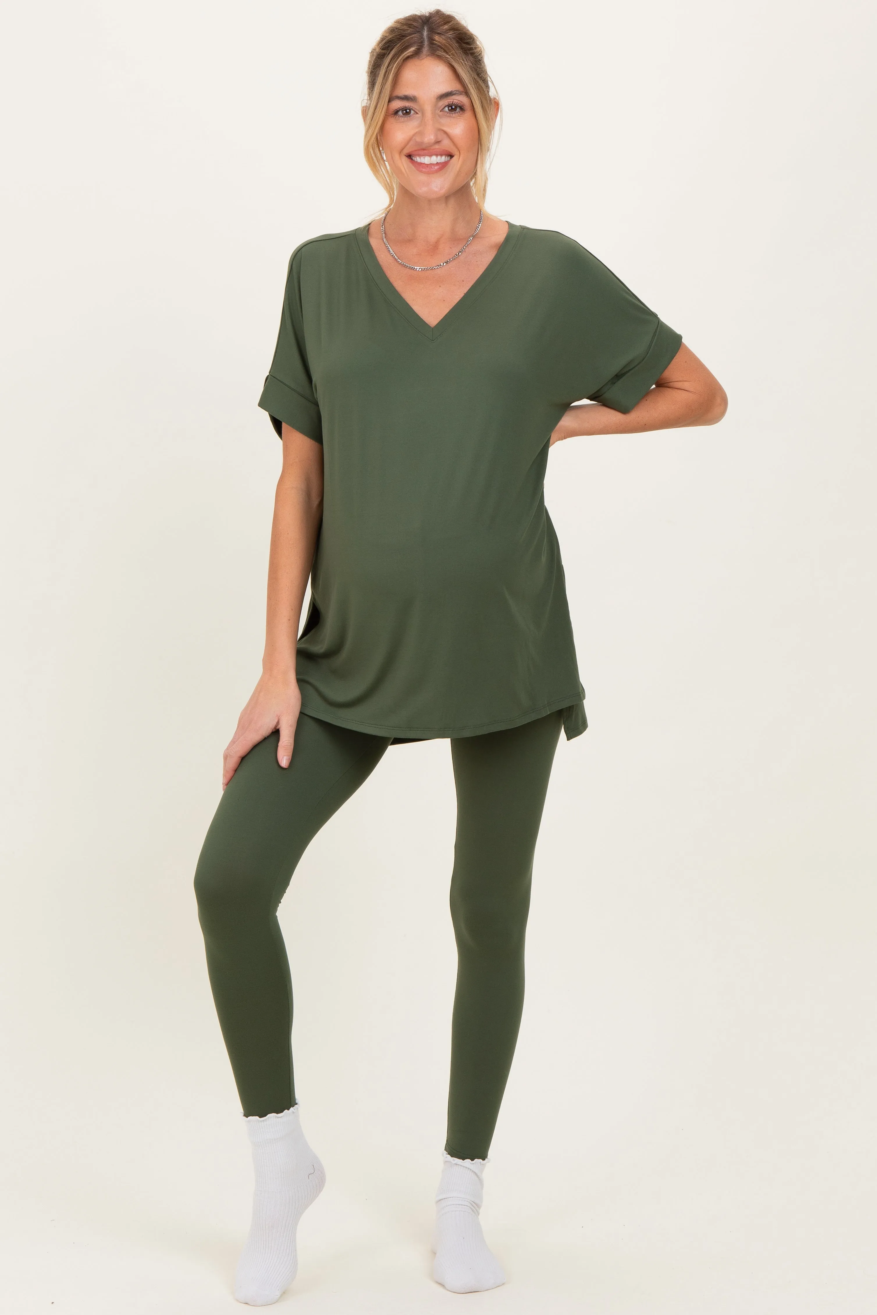 Olive Oversized V-Neck Tee Legging Maternity Lounge Set sold by Pinkblush