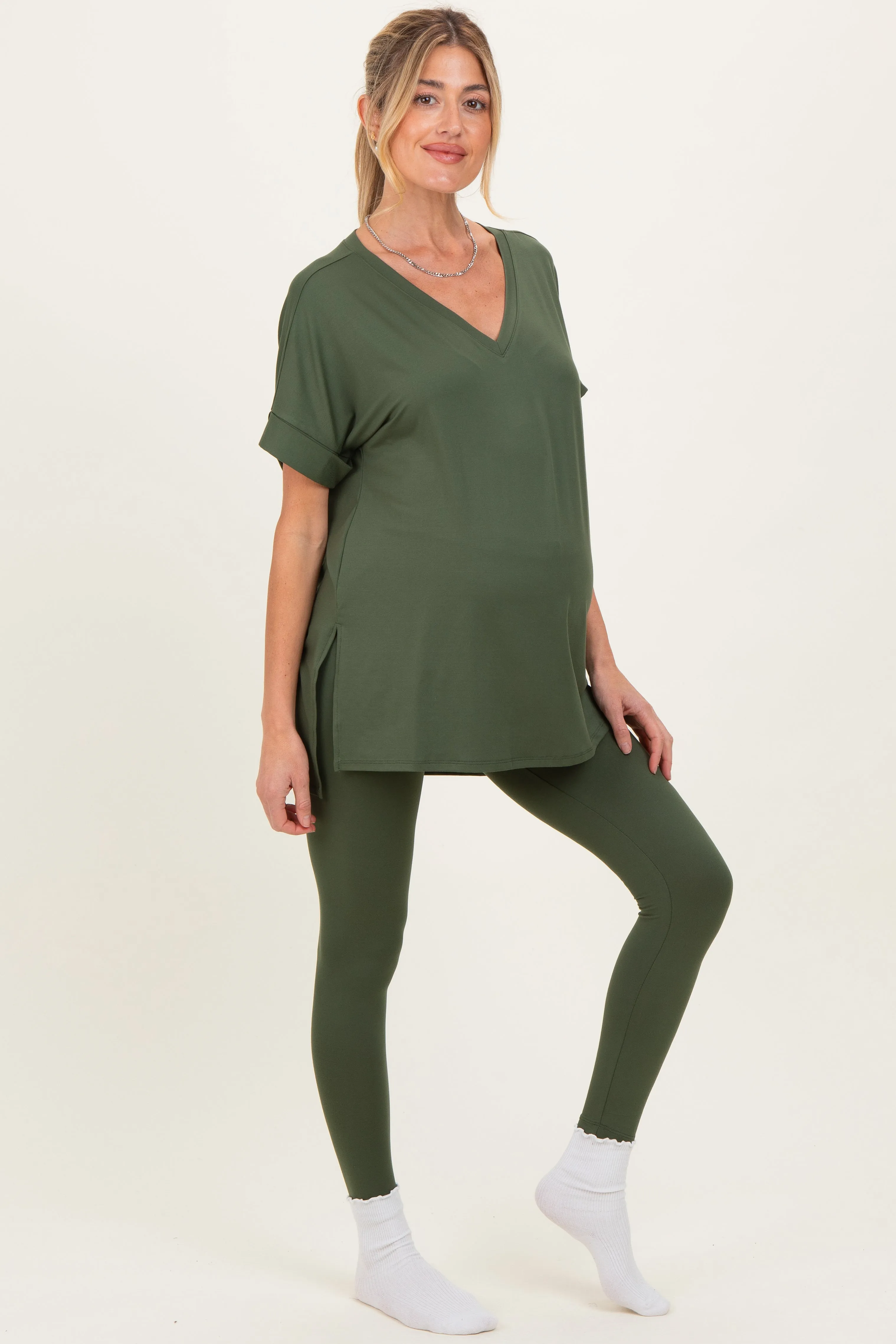 Olive Oversized V-Neck Tee Legging Maternity Lounge Set sold by Pinkblush product image thumbnail 2