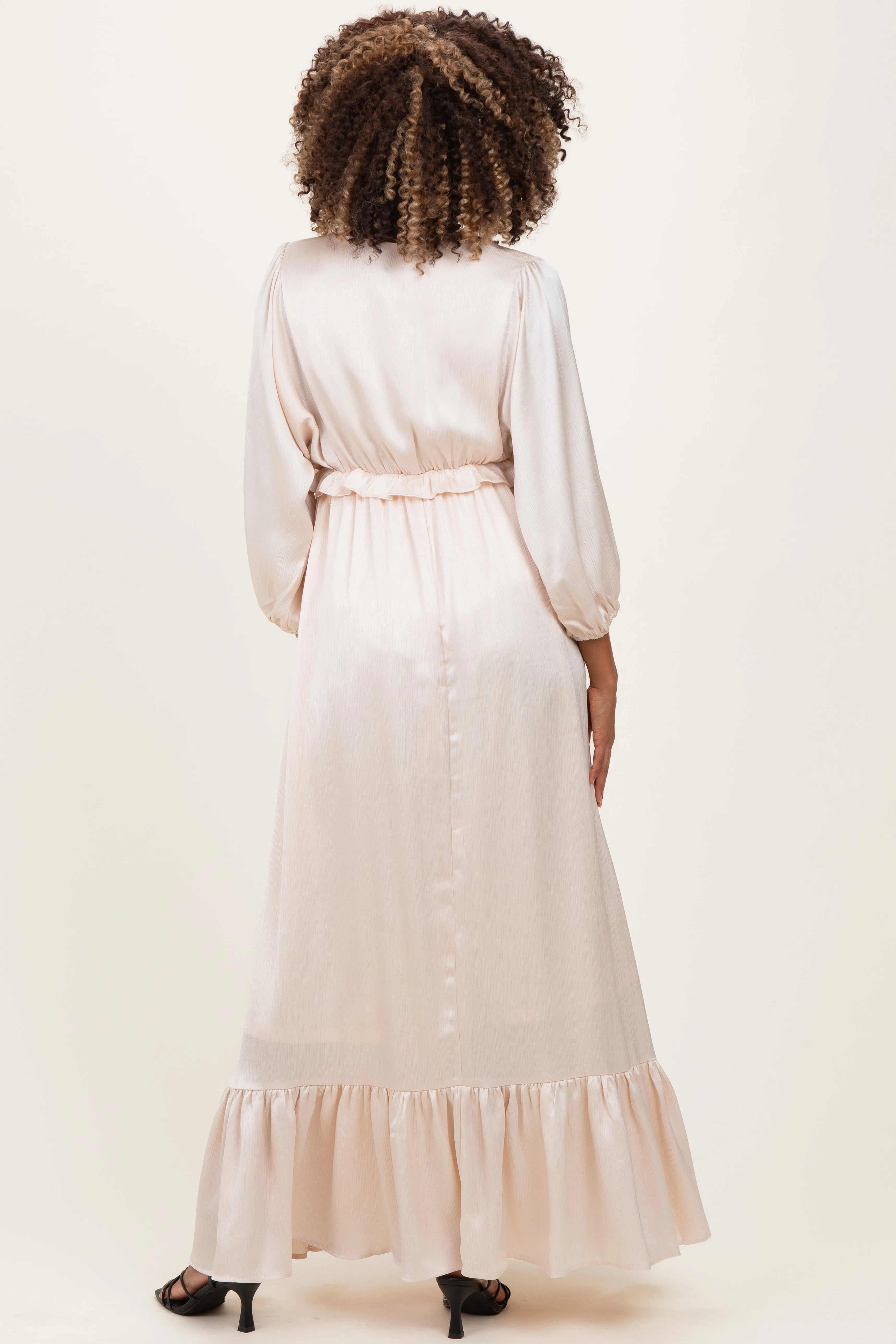 Beige Solid Satin Long Sleeve Open V-Neck Ruffle Waist Tiered Maternity Maxi Dress sold by Pinkblush product image thumbnail 3
