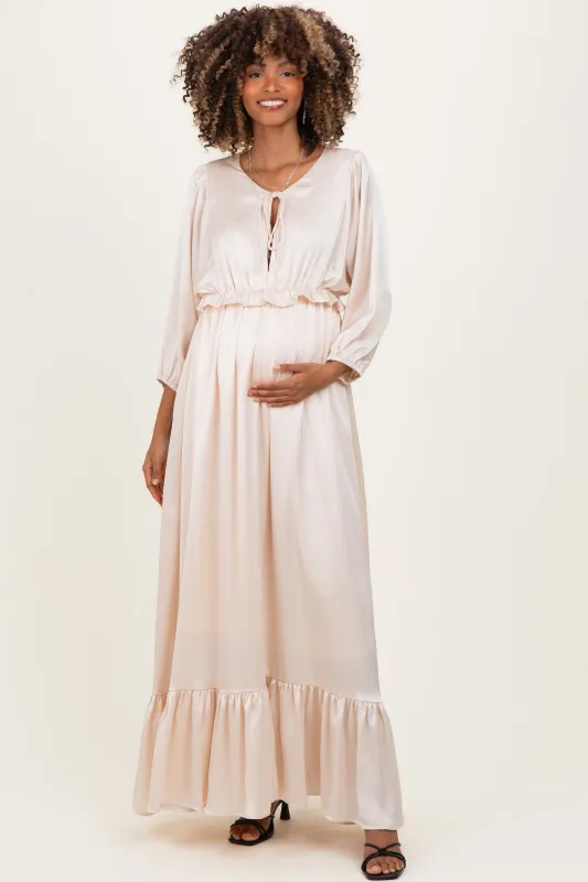 Beige Solid Satin Long Sleeve Open V-Neck Ruffle Waist Tiered Maternity Maxi Dress sold by Pinkblush