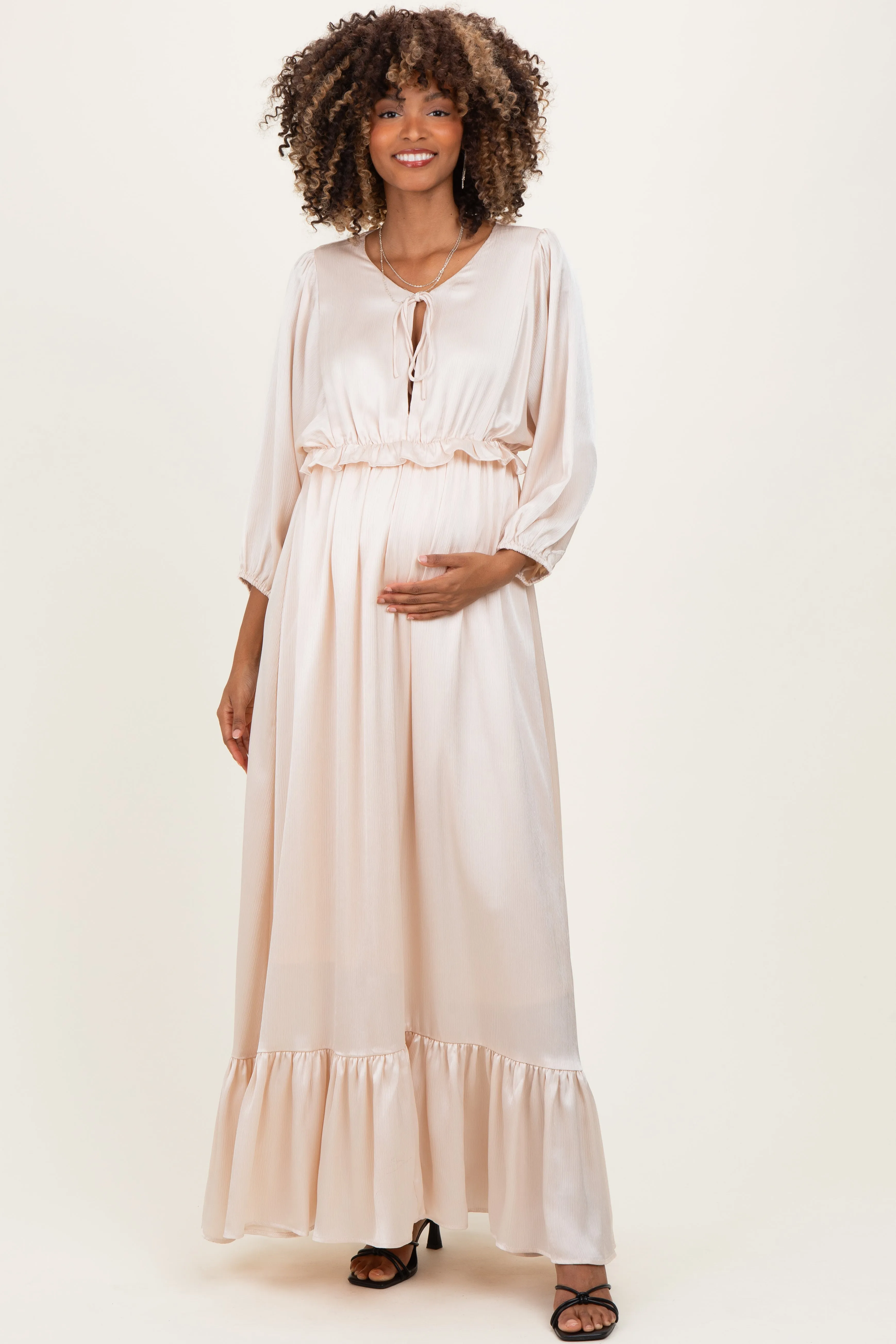Beige Solid Satin Long Sleeve Open V-Neck Ruffle Waist Tiered Maternity Maxi Dress sold by Pinkblush