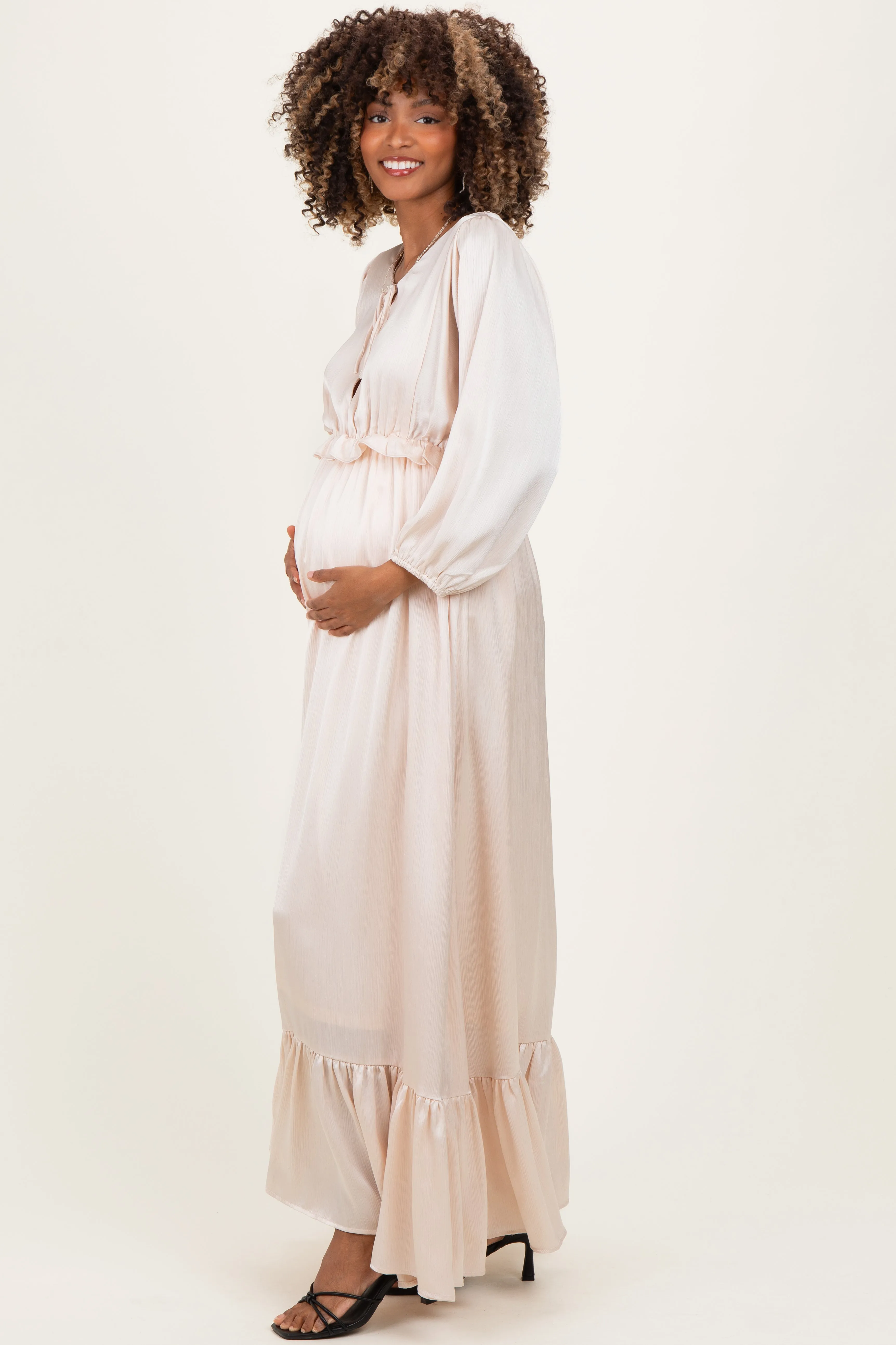 Beige Solid Satin Long Sleeve Open V-Neck Ruffle Waist Tiered Maternity Maxi Dress sold by Pinkblush product image thumbnail 2