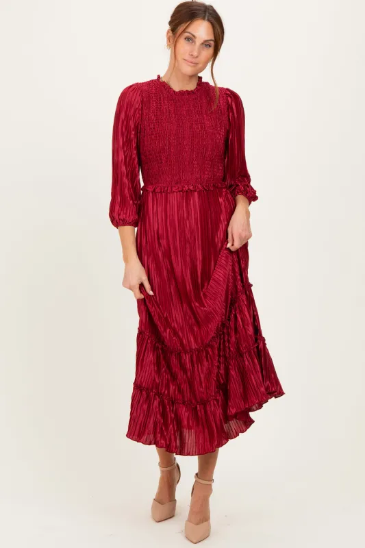 Burgundy Pleated Satin Smocked Bodice Midi Dress sold by Pinkblush