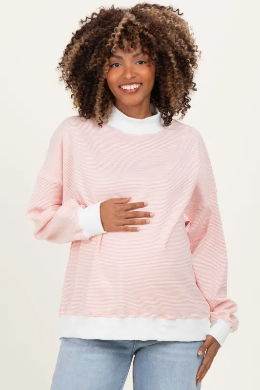 Peach Striped Mock Neck Maternity Sweatshirt made by Le Lis