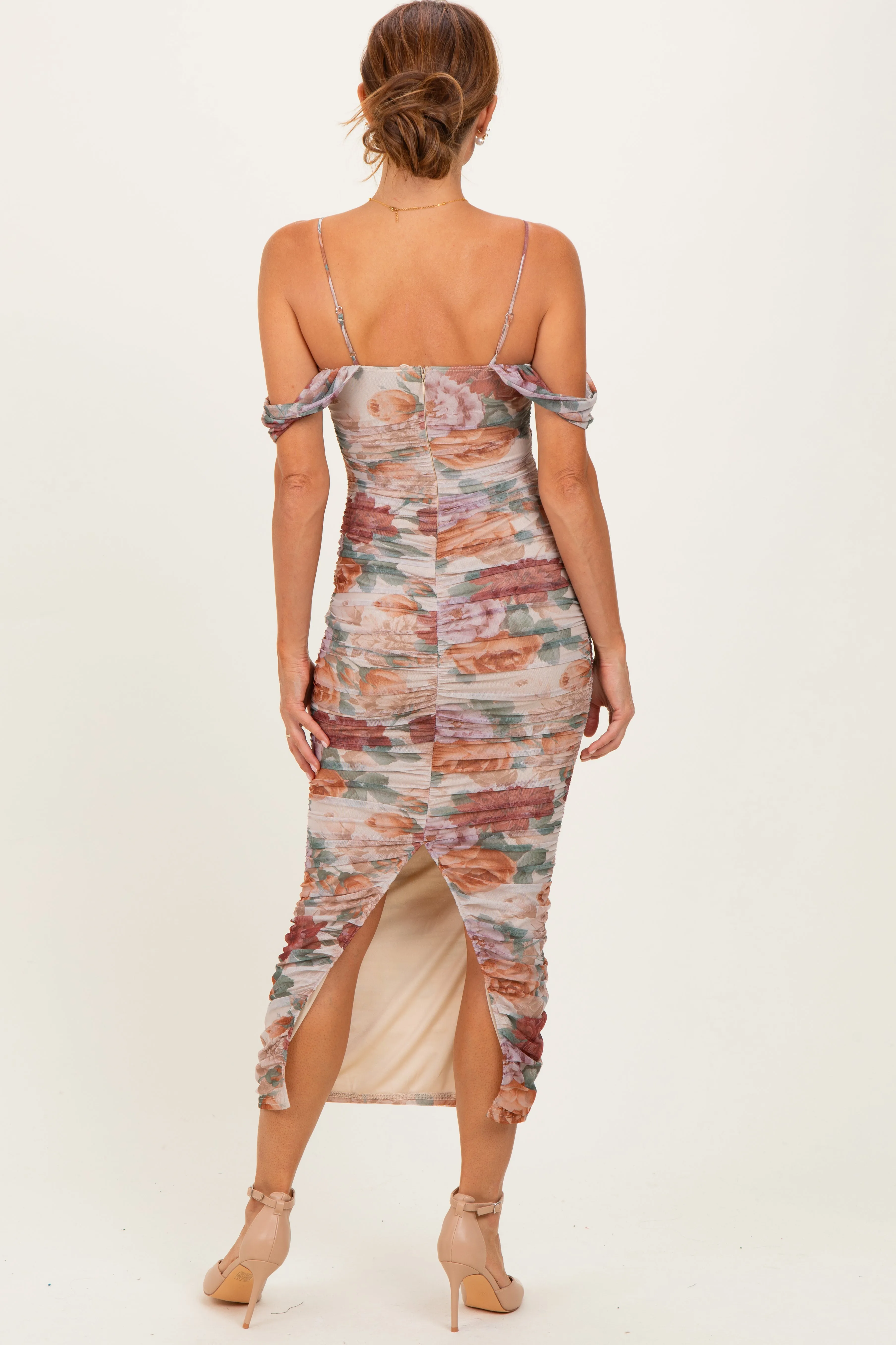 Taupe Floral Ruched Midi Dress sold by Pinkblush product image thumbnail 4