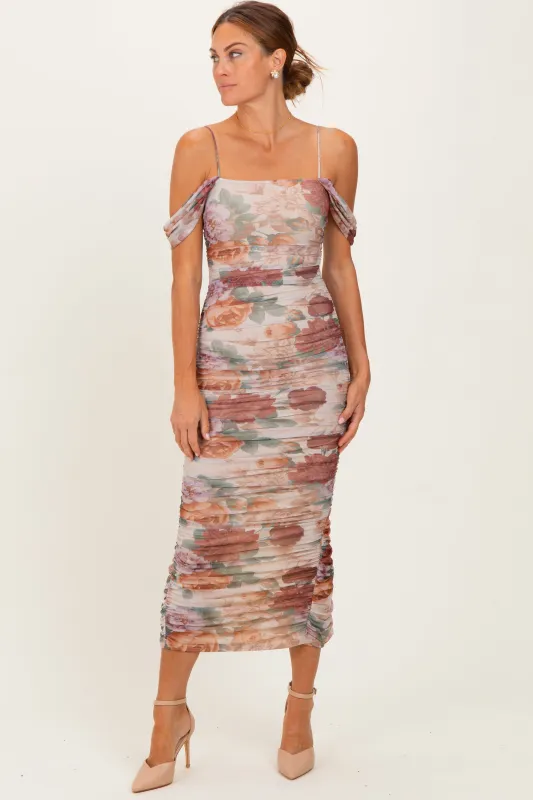 Taupe Floral Ruched Midi Dress sold by Pinkblush
