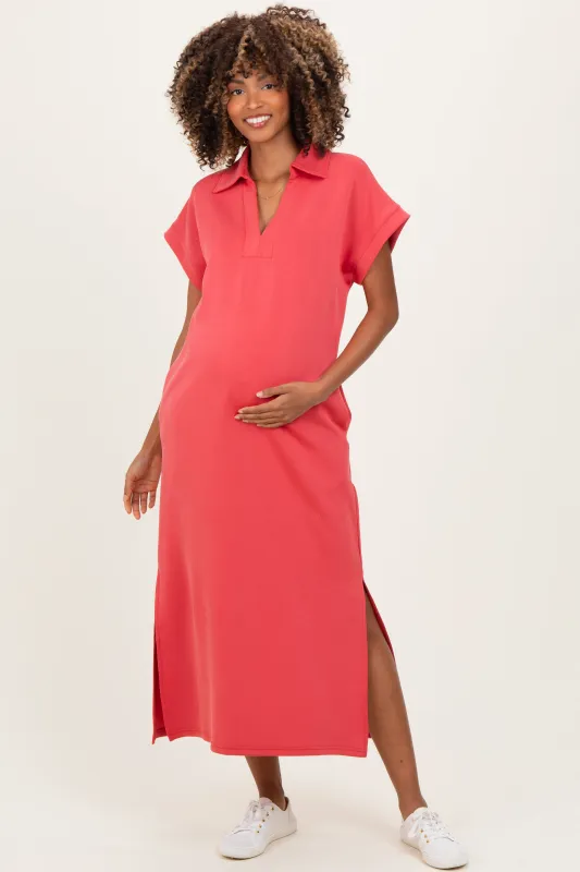 Pink Coral Collared Short Sleeve Maternity Midi Dress sold by Pinkblush