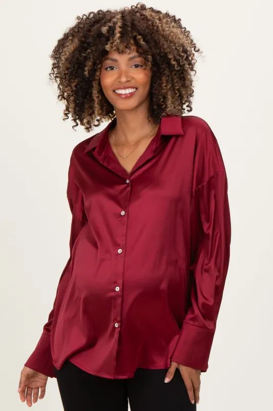 Burgundy Satin Button Up Maternity Blouse sold by Pinkblush