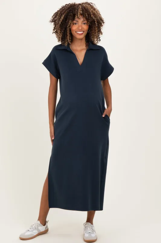 Navy Collared Short Sleeve Maternity Midi Dress sold by Pinkblush