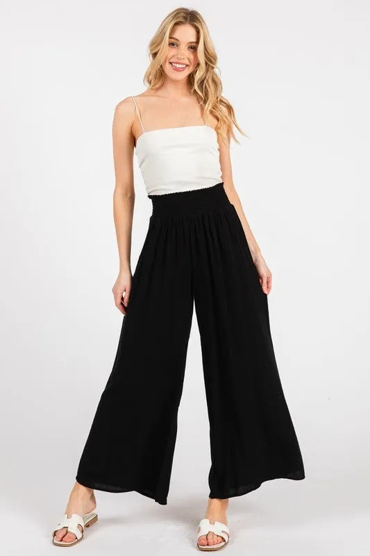 Black Smocked Waist Ankle Wide Leg Pants sold by Pinkblush