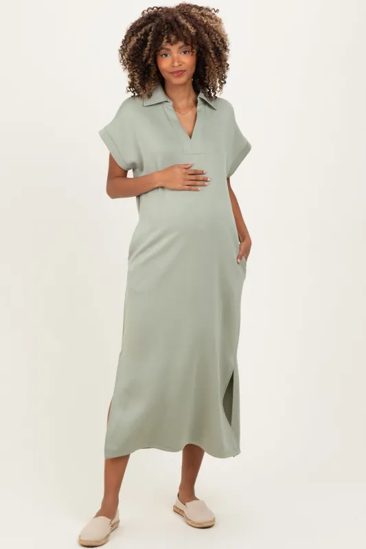 Sage Collared Short Sleeve Maternity Midi Dress sold by Pinkblush