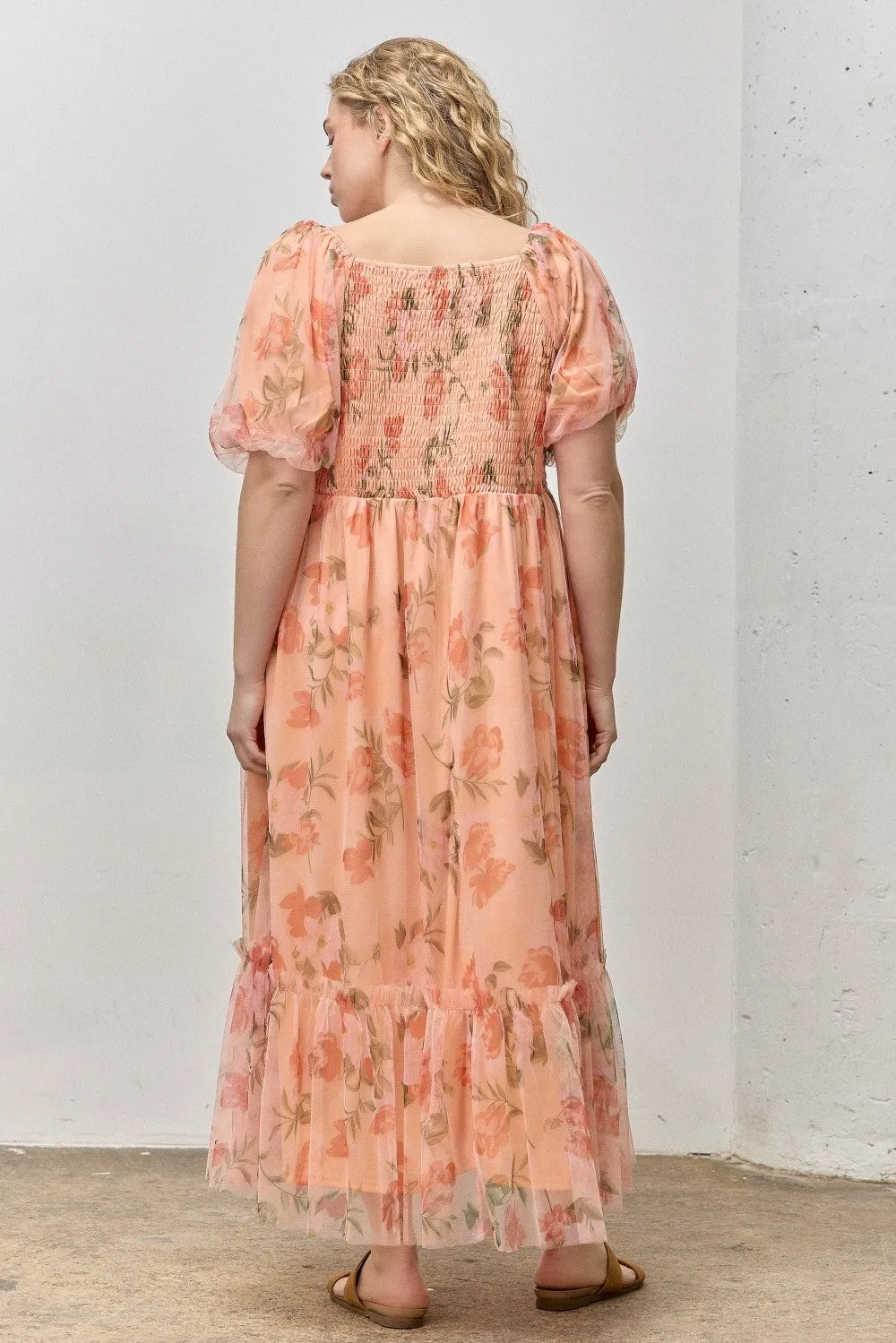 Coral Floral Puff Sleeve Plus Maxi Dress sold by Pinkblush product image thumbnail 3