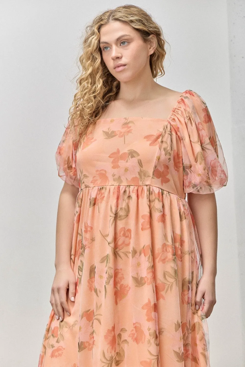 Coral Floral Puff Sleeve Plus Maxi Dress sold by Pinkblush product image thumbnail 4