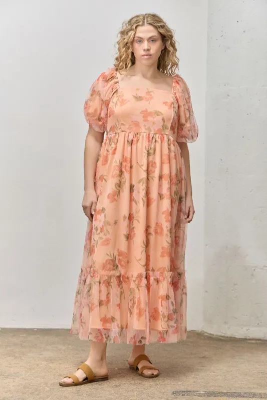 Coral Floral Puff Sleeve Plus Maxi Dress sold by Pinkblush