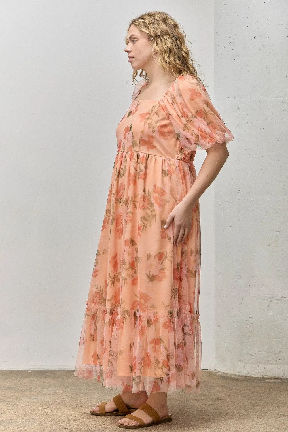 Coral Floral Puff Sleeve Plus Maxi Dress sold by Pinkblush product image thumbnail 2