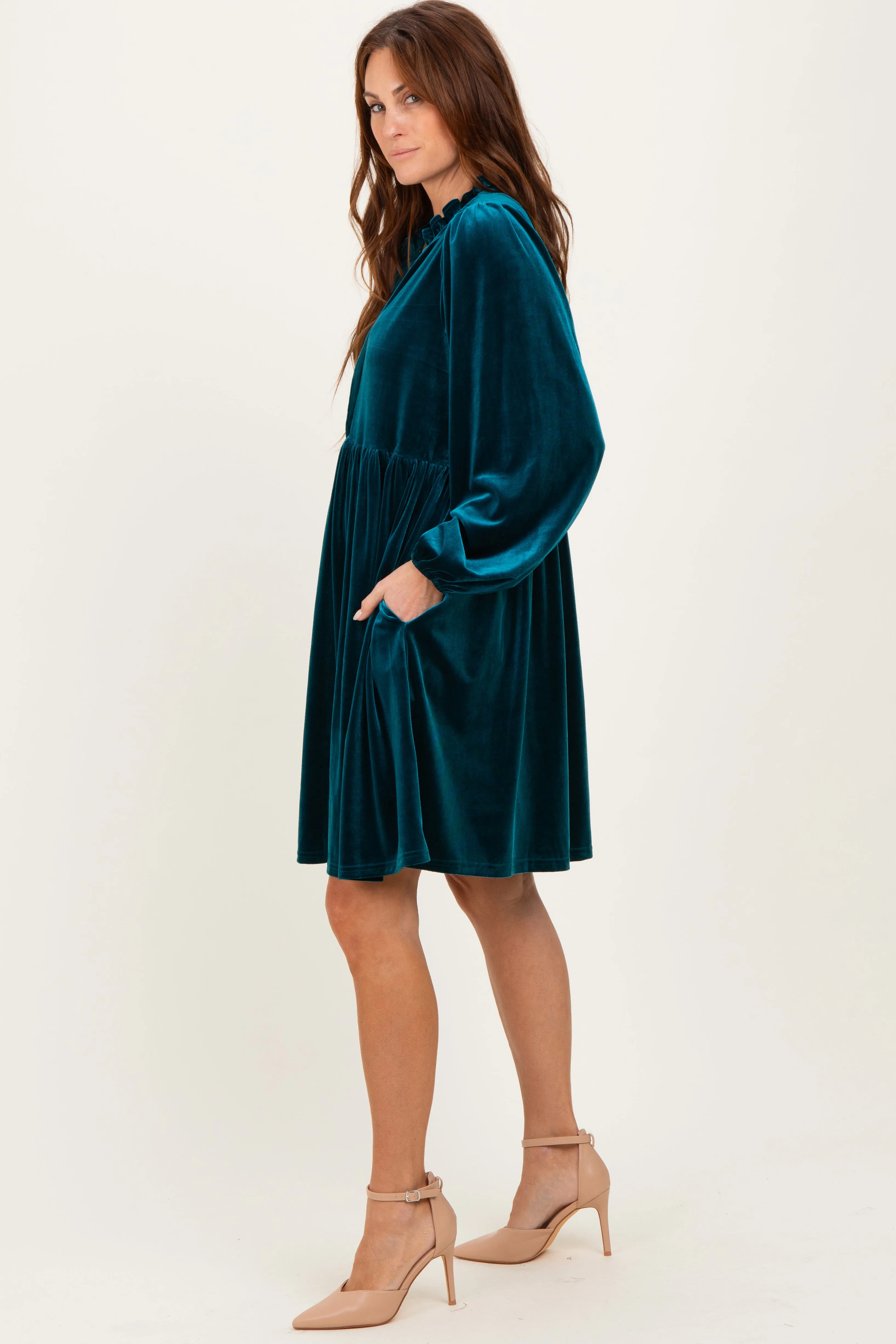 Deep Teal Velvet Button Up V-Neck Dress sold by Pinkblush product image thumbnail 2
