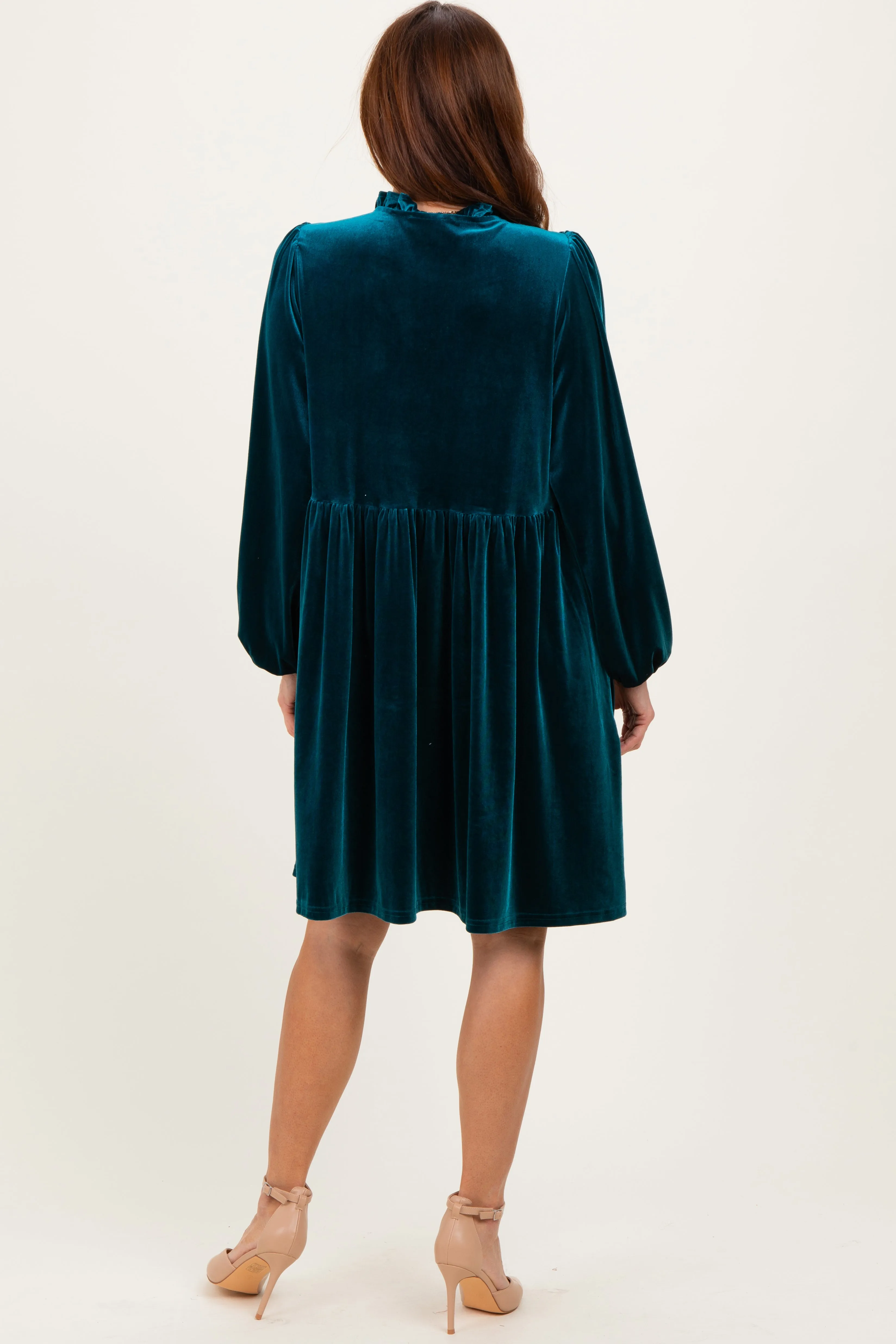 Deep Teal Velvet Button Up V-Neck Dress sold by Pinkblush product image thumbnail 3