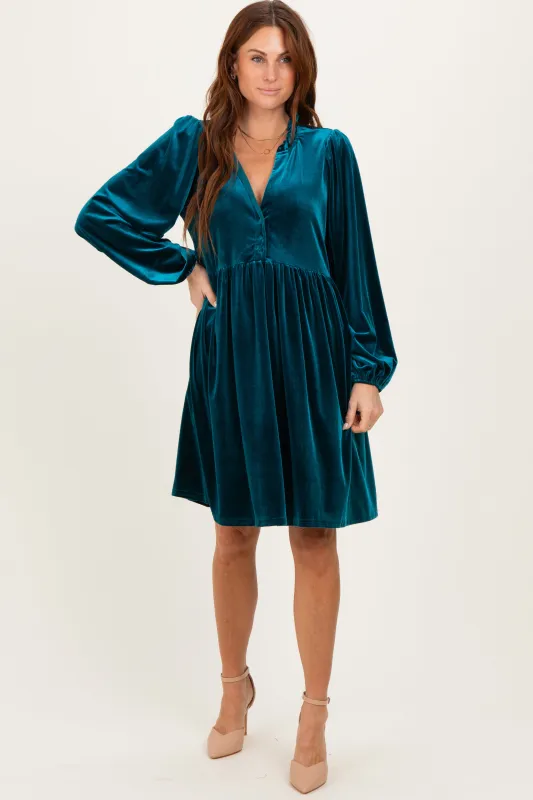 Deep Teal Velvet Button Up V-Neck Dress sold by Pinkblush