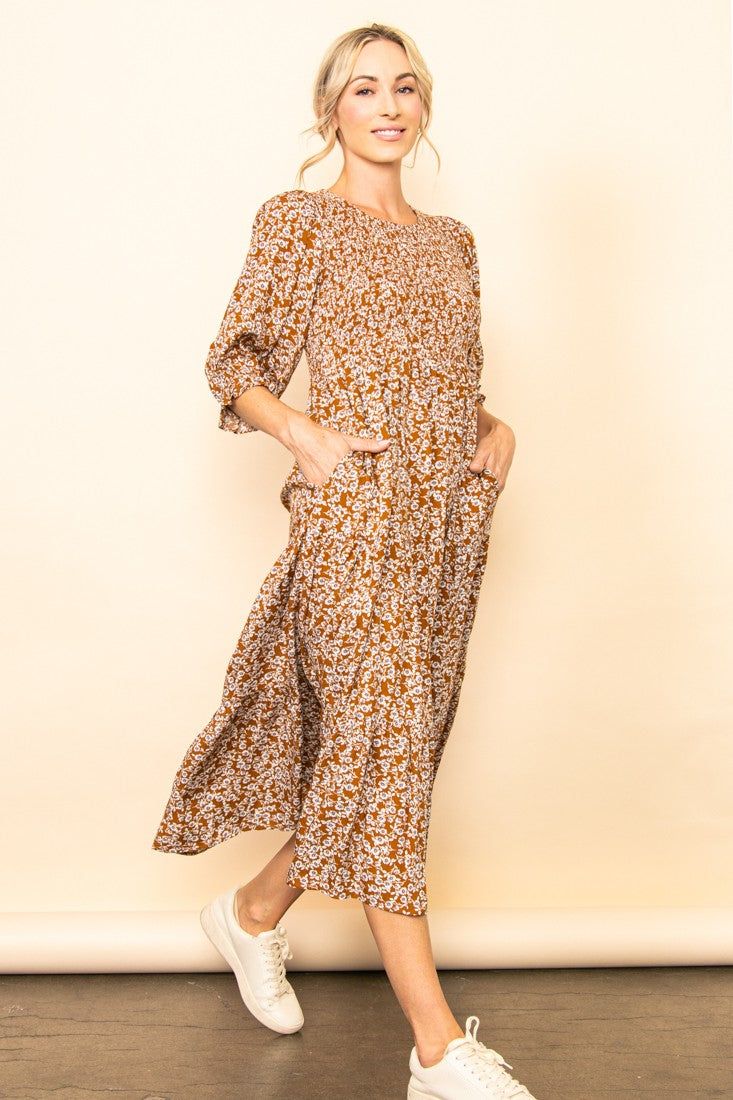 Floral Smocked 3/4 Sleeve Midi Dress sold by Pinkblush product image thumbnail 3