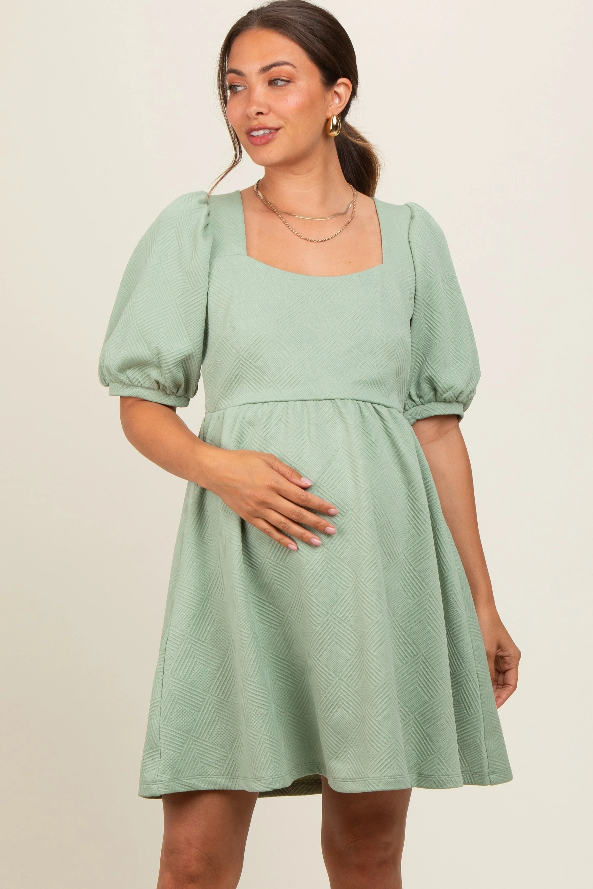 Mint Green Jacquard Puff Sleeve Maternity Dress sold by Pinkblush