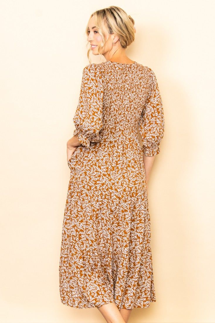 Floral Smocked 3/4 Sleeve Midi Dress sold by Pinkblush product image thumbnail 4