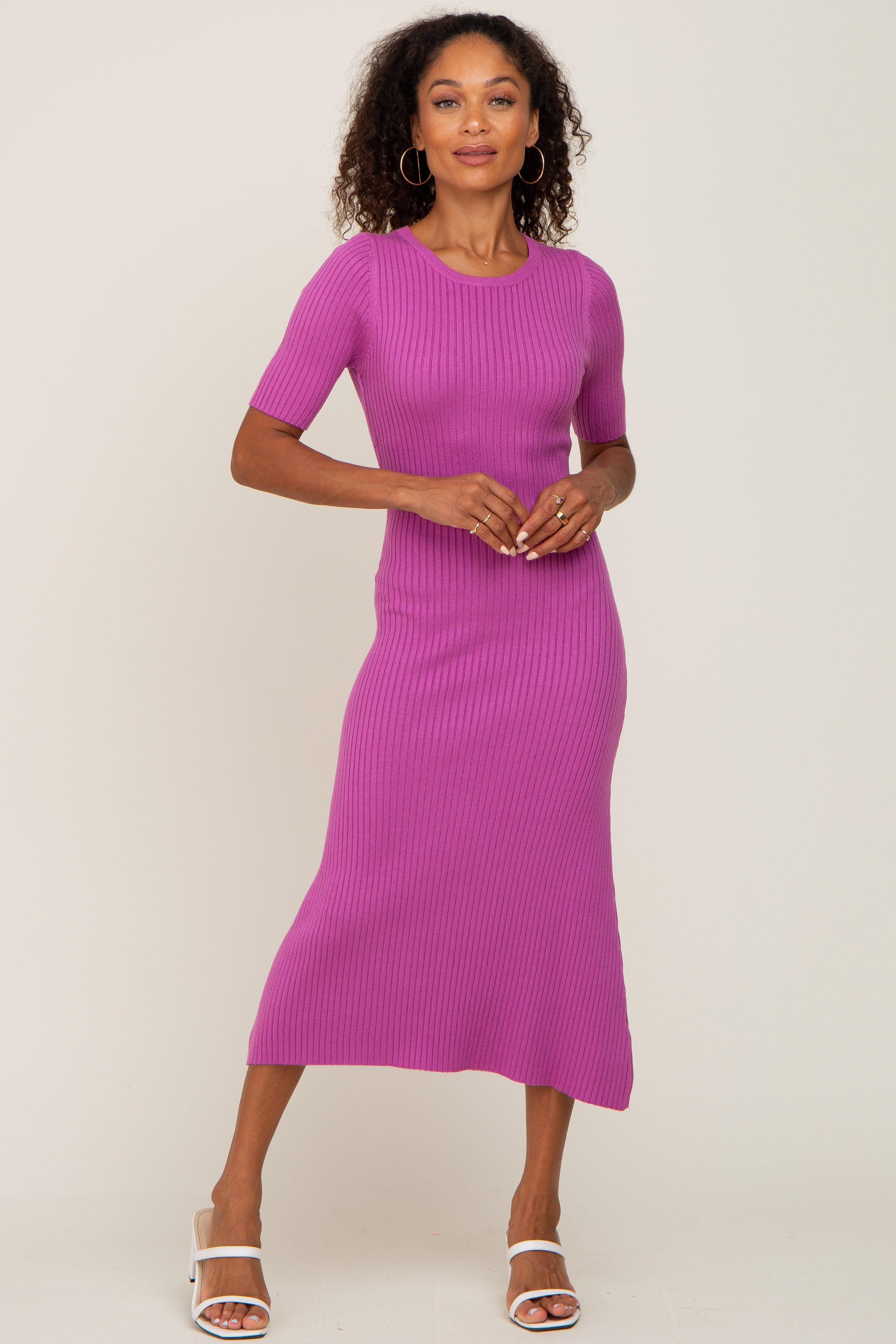 Magenta Rib Knit Flare Maternity Midi Dress sold by Pinkblush product image thumbnail 4