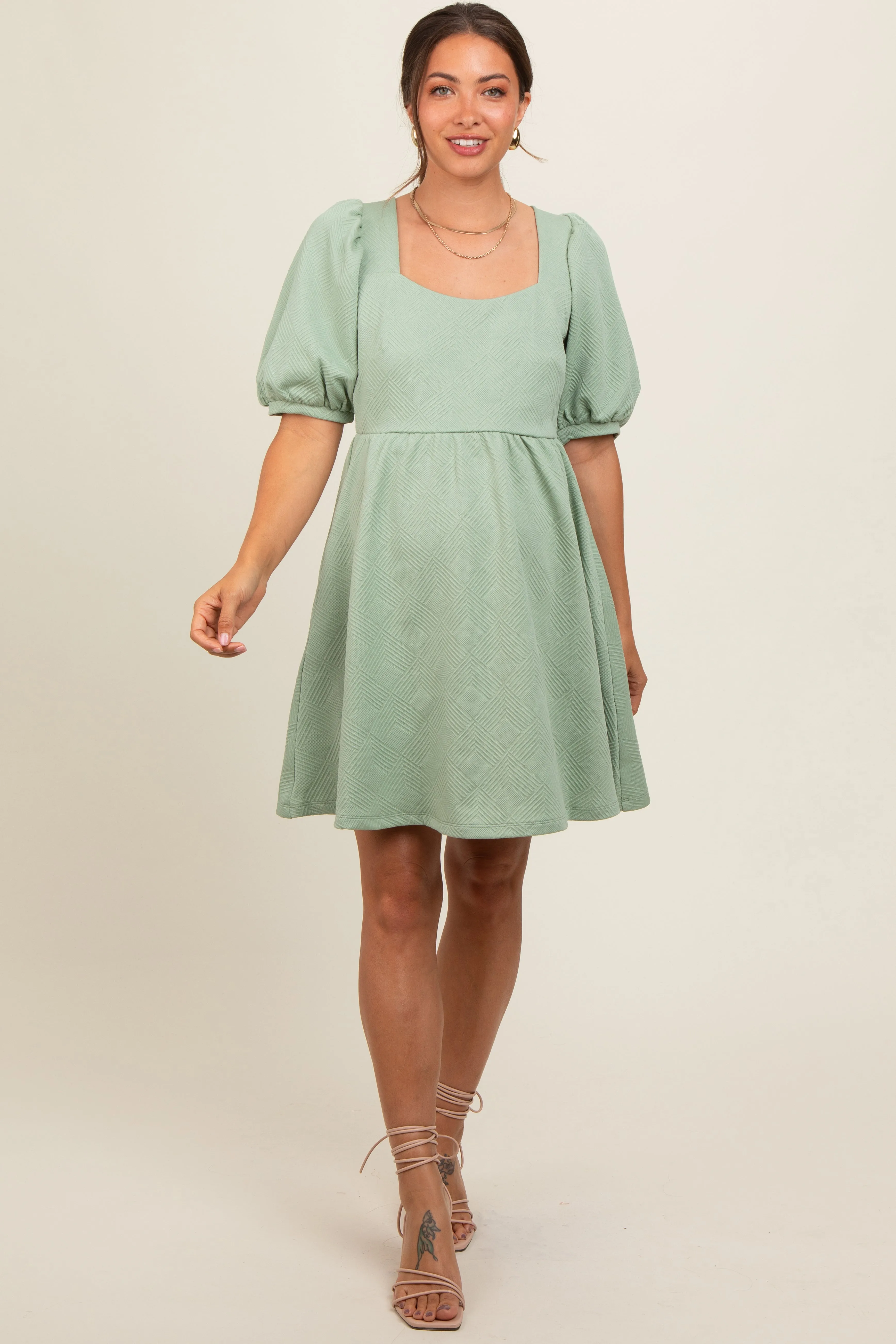Mint Green Jacquard Puff Sleeve Maternity Dress sold by Pinkblush product image thumbnail 2