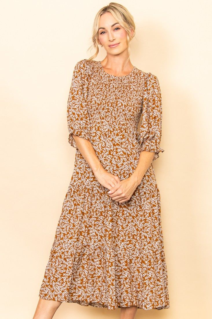 Floral Smocked 3/4 Sleeve Midi Dress sold by Pinkblush product image thumbnail 2