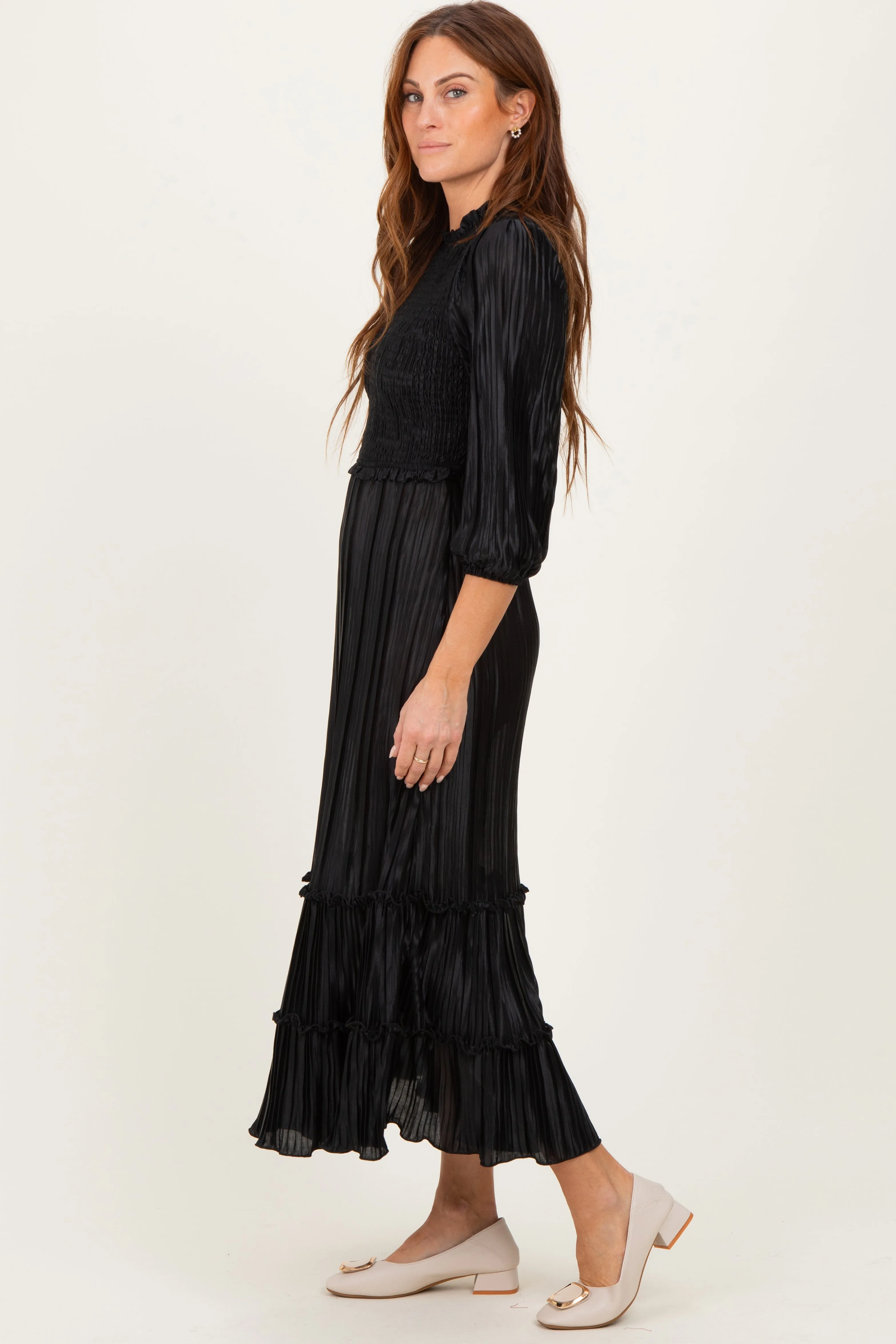 Black Pleated Satin Smocked Bodice Midi Dress sold by Pinkblush product image thumbnail 3