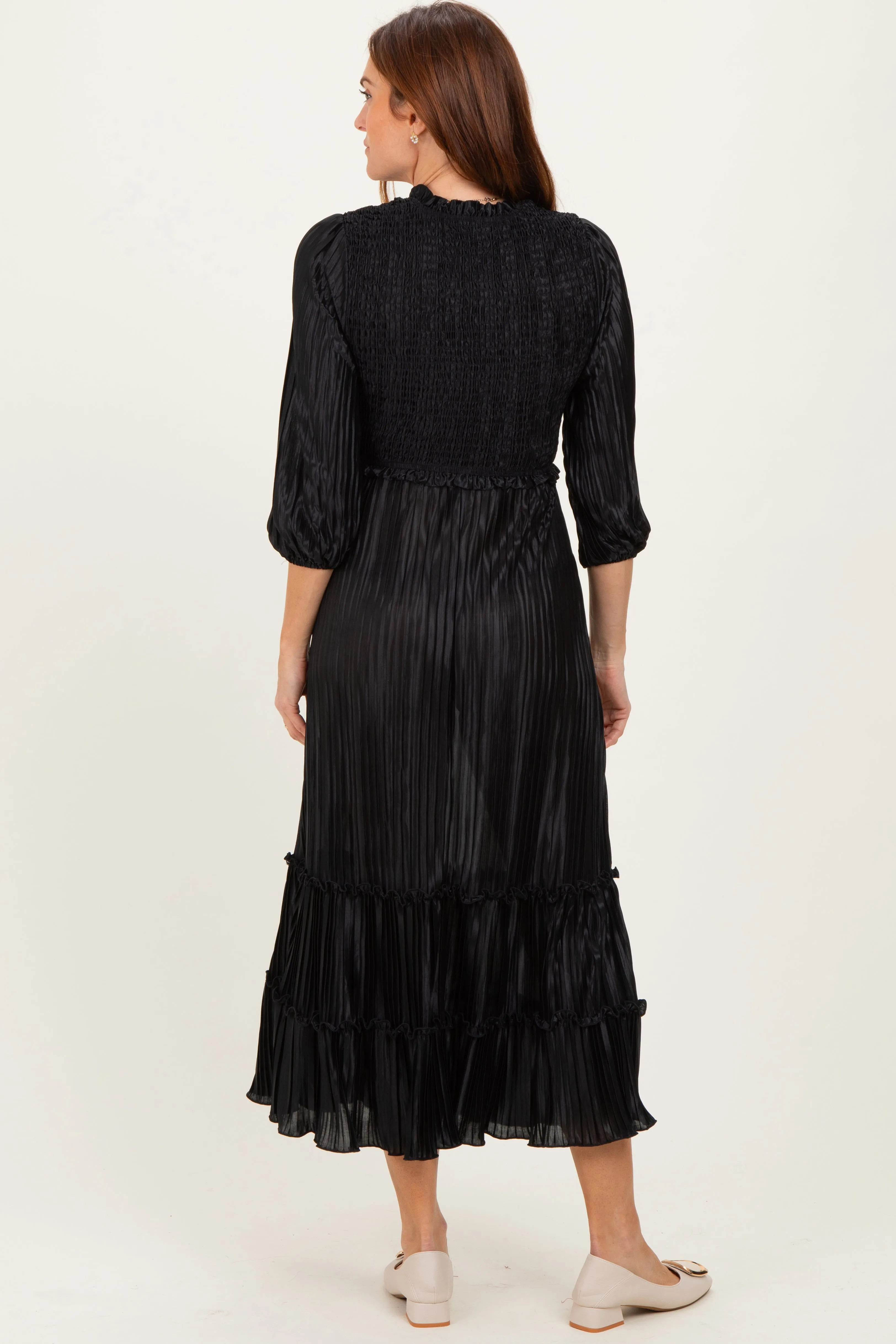 Black Pleated Satin Smocked Bodice Midi Dress sold by Pinkblush product image thumbnail 4