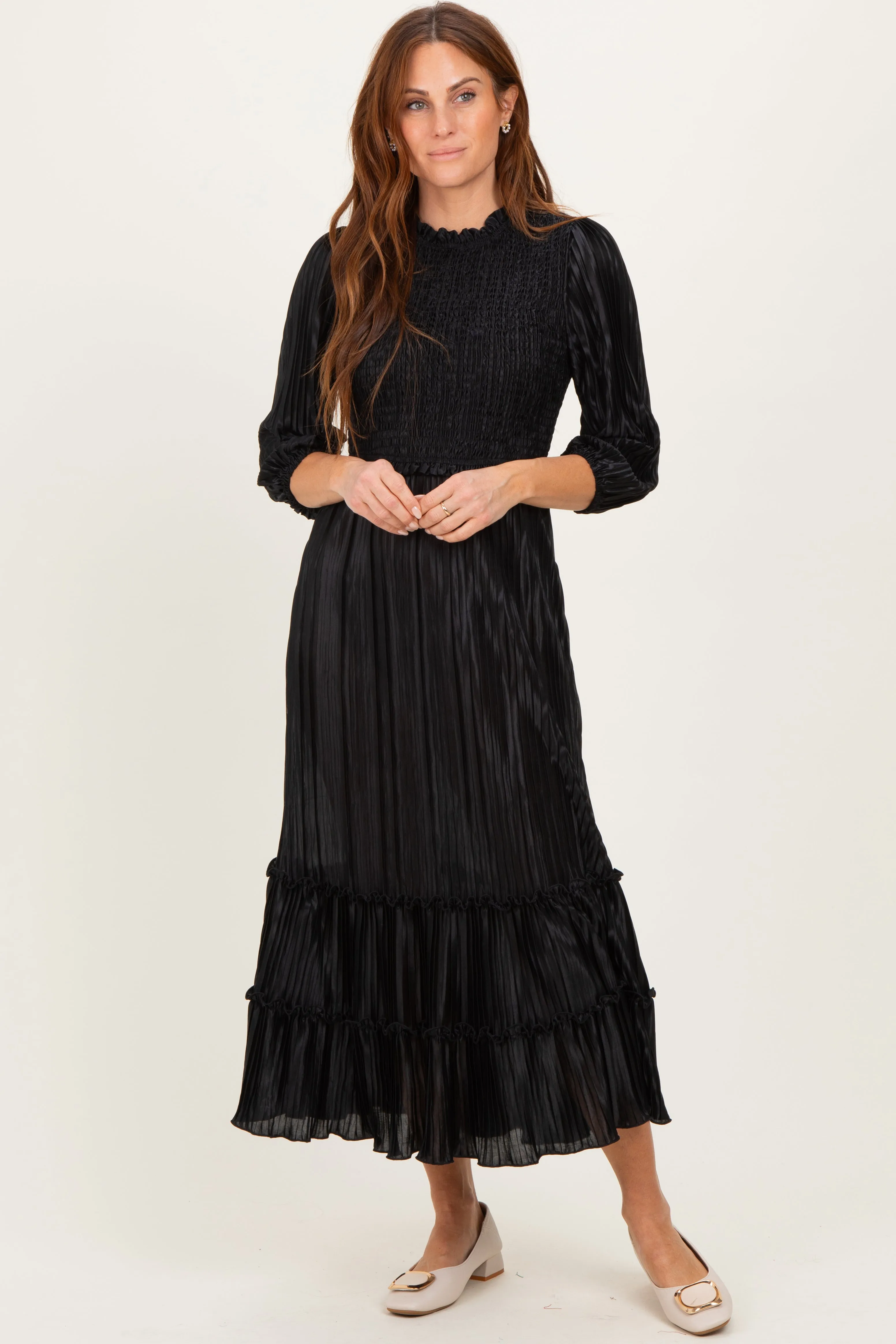 Black Pleated Satin Smocked Bodice Midi Dress sold by Pinkblush product image thumbnail 2