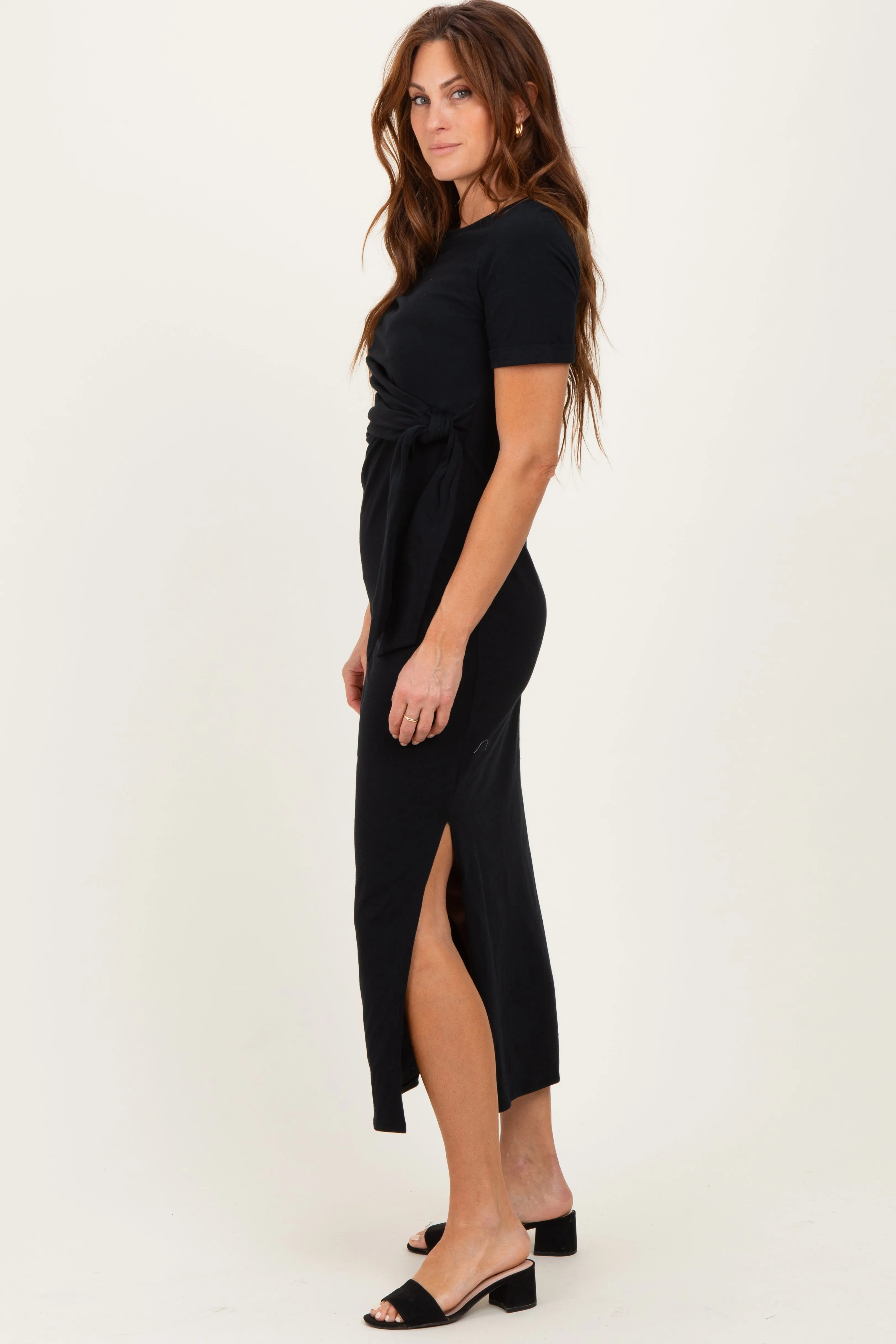Black Short Sleeve Waist Tie Side Slit Maxi Dress sold by Pinkblush product image thumbnail 3