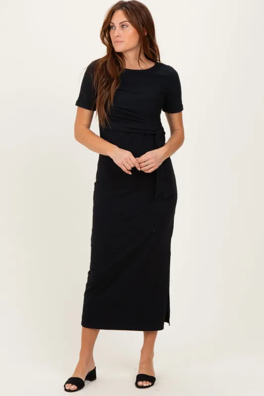 Black Short Sleeve Waist Tie Side Slit Maxi Dress sold by Pinkblush