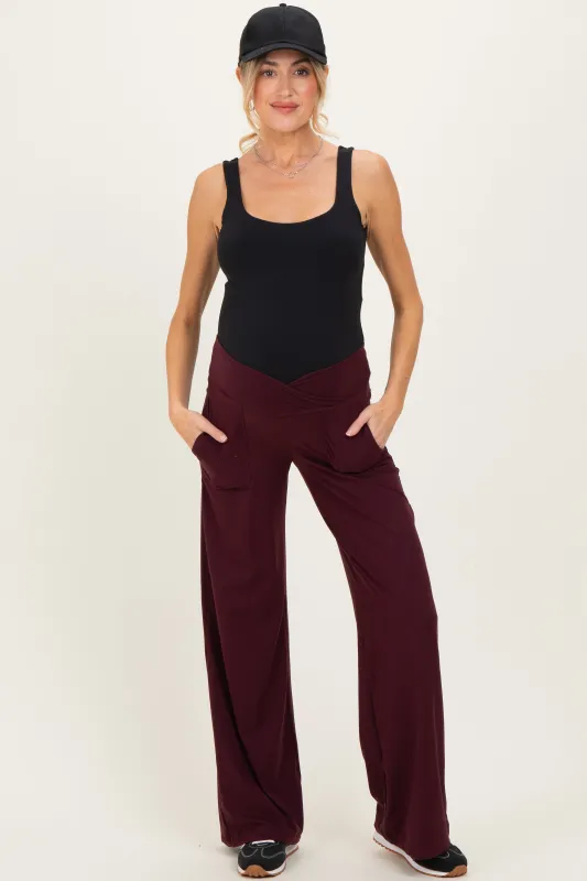 Wine Crossover Waist Active Wide Leg Maternity Pant made by Rae Mode