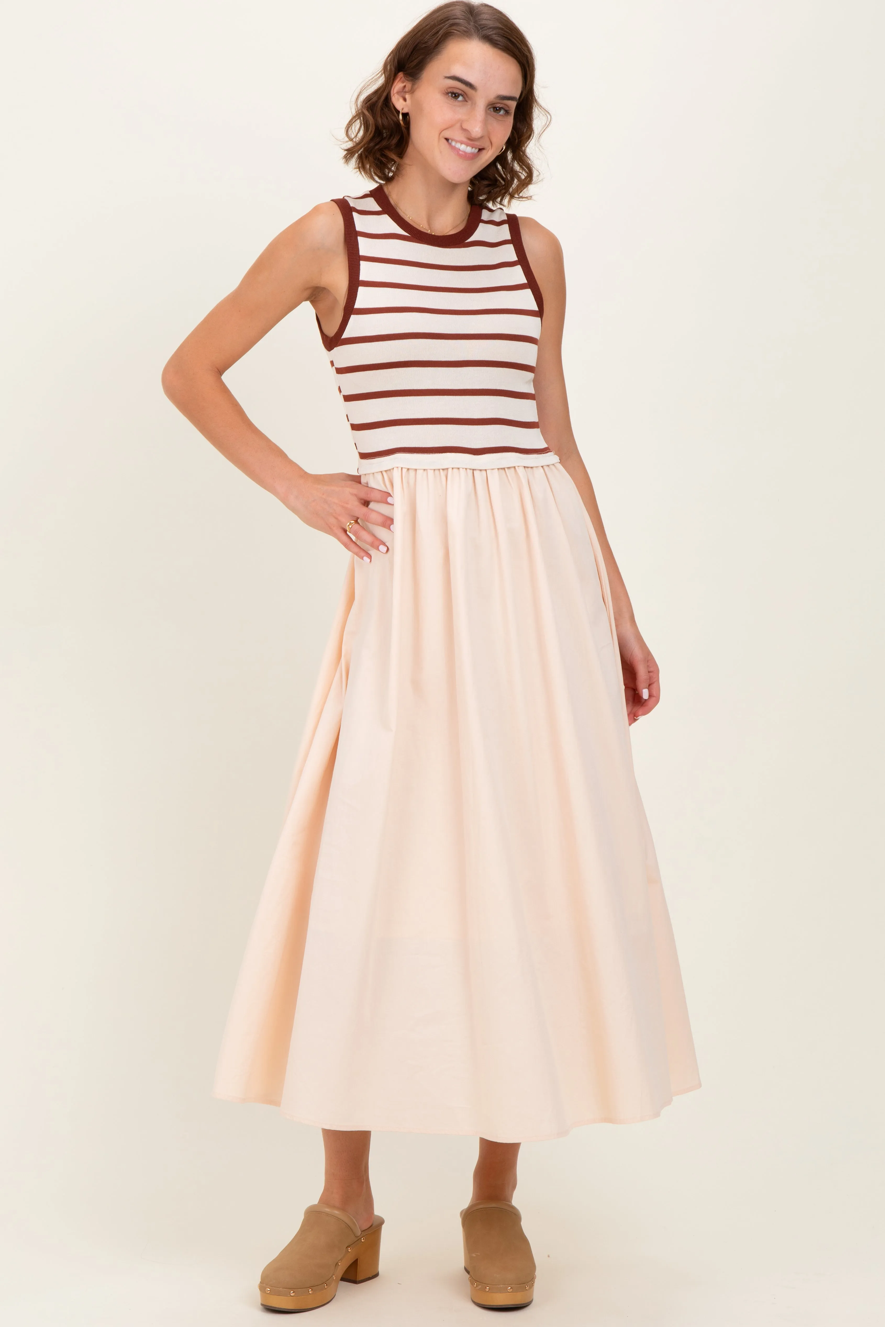Cream Contrast Striped Bodice Sleeveless Maxi Dress sold by Pinkblush