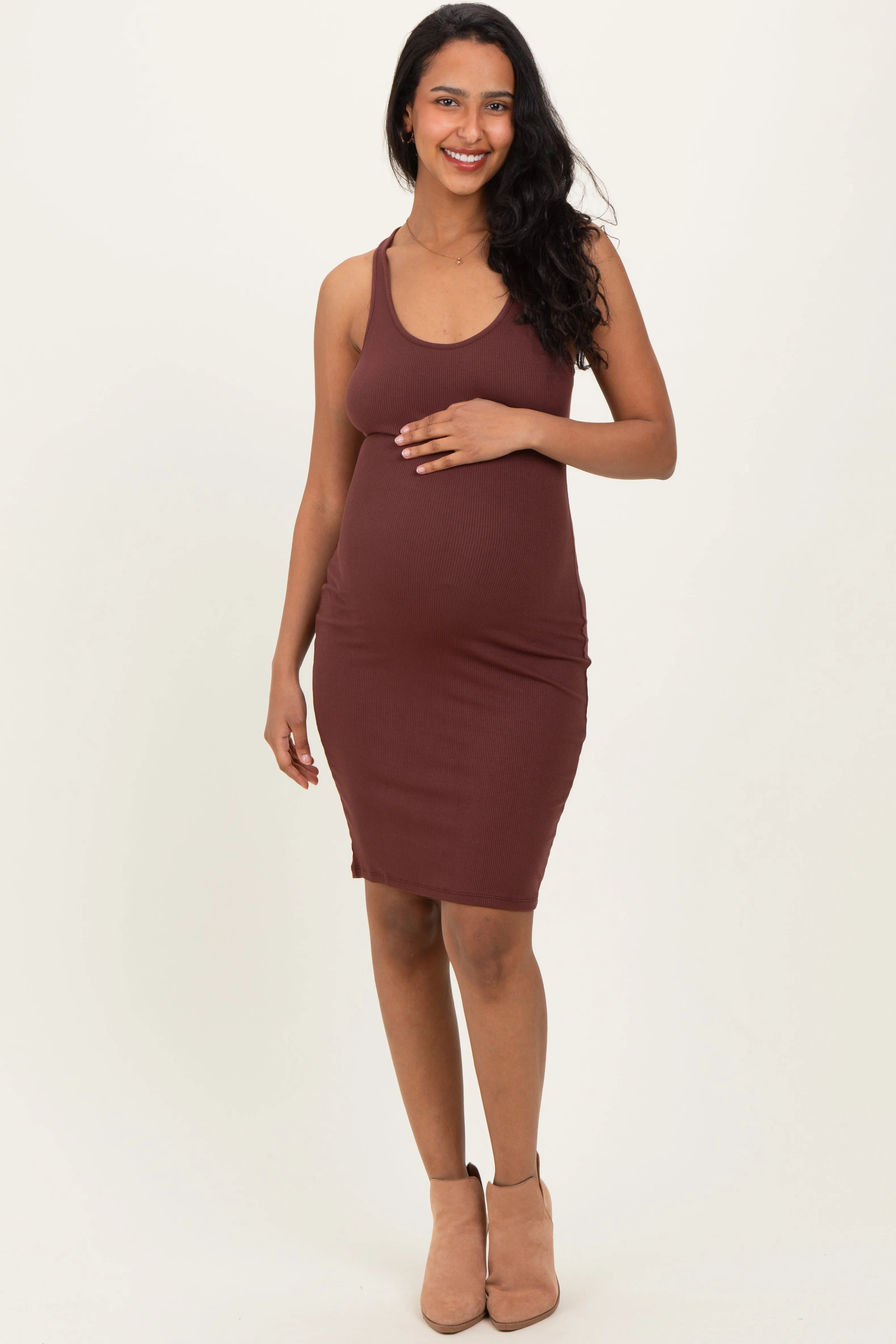 Brown Rib Knit Sleeveless Maternity Dress sold by Pinkblush